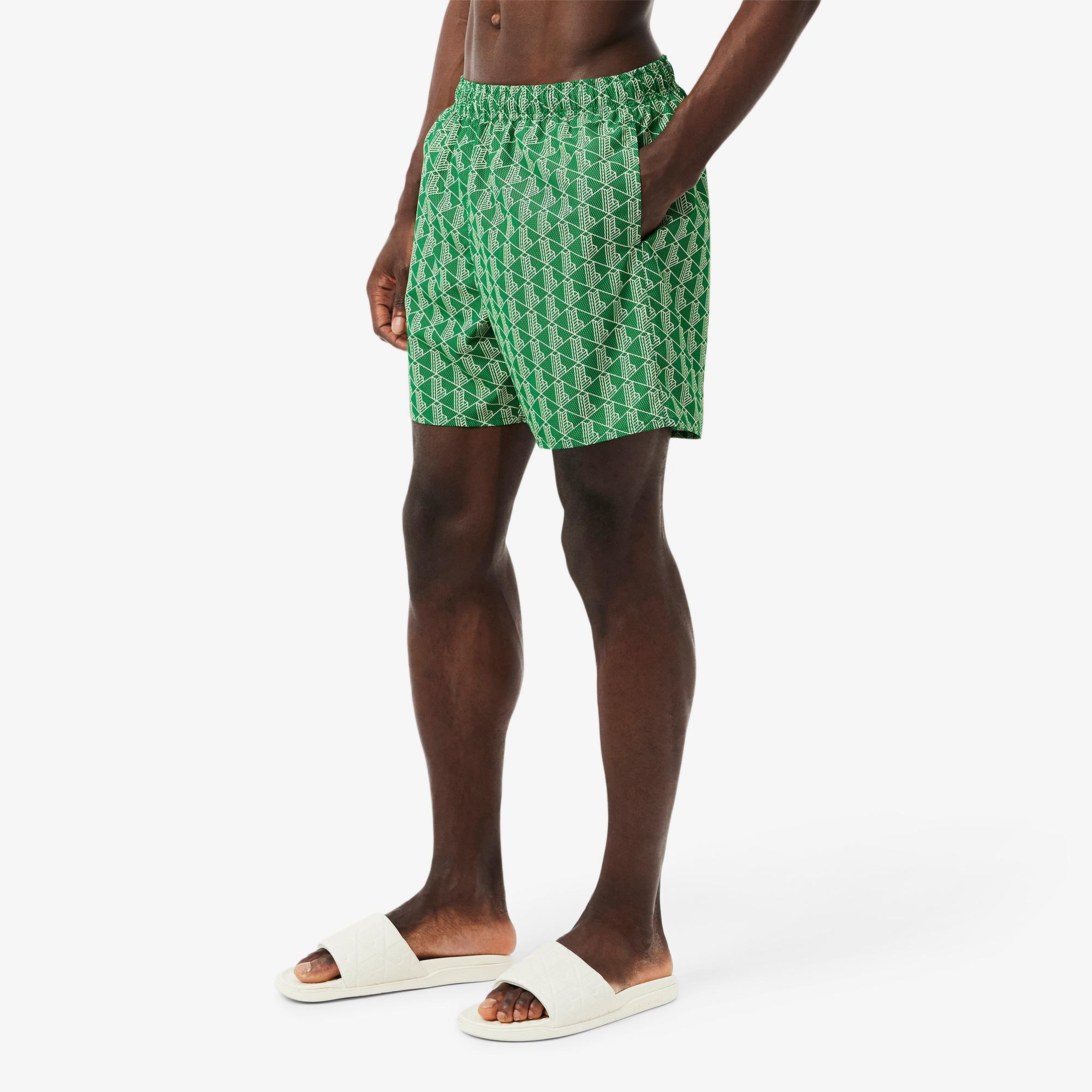 Lacoste Mid Monogram Print Swim Erkek Yeşil Deniz Şortu