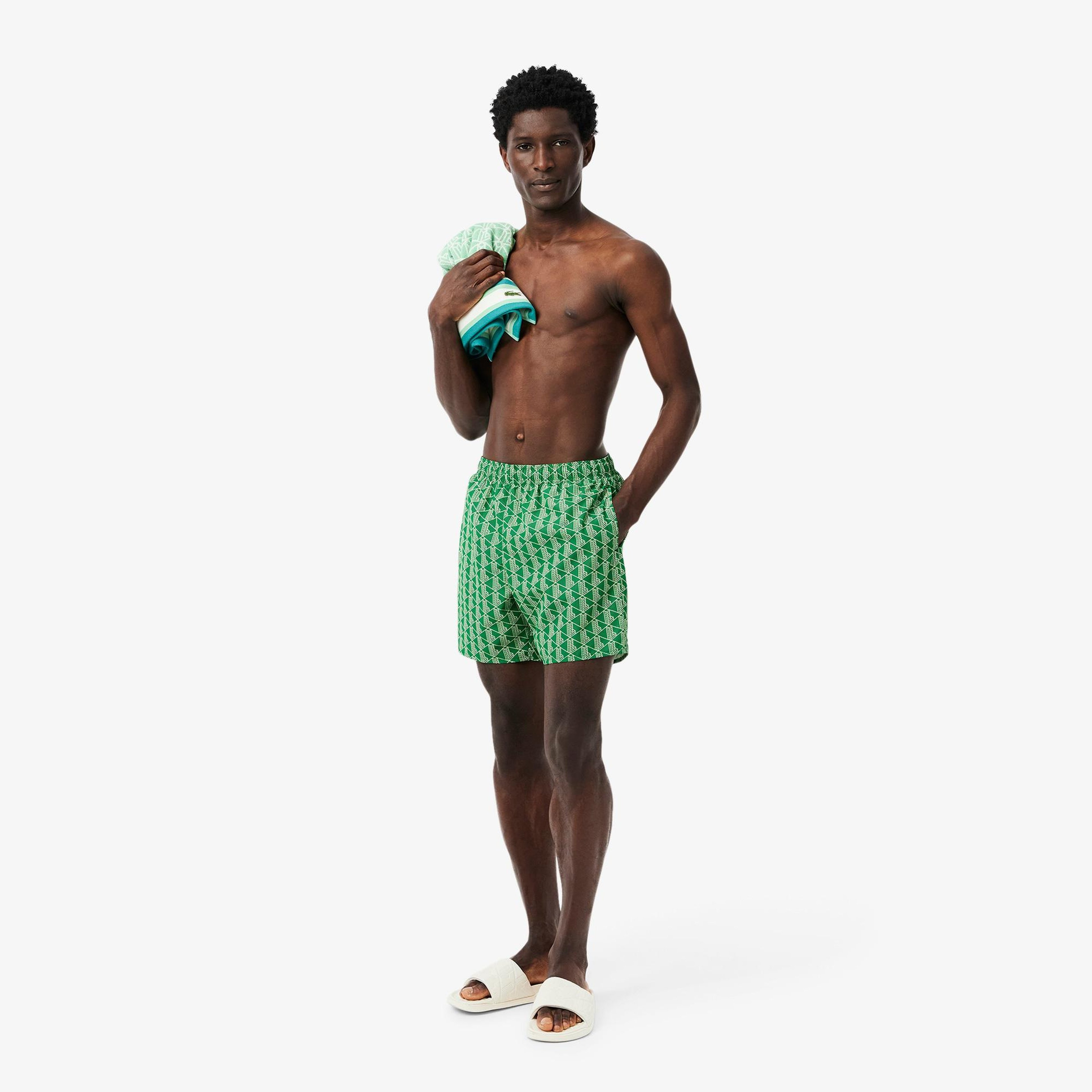 Lacoste Mid Monogram Print Swim Erkek Yeşil Deniz Şortu