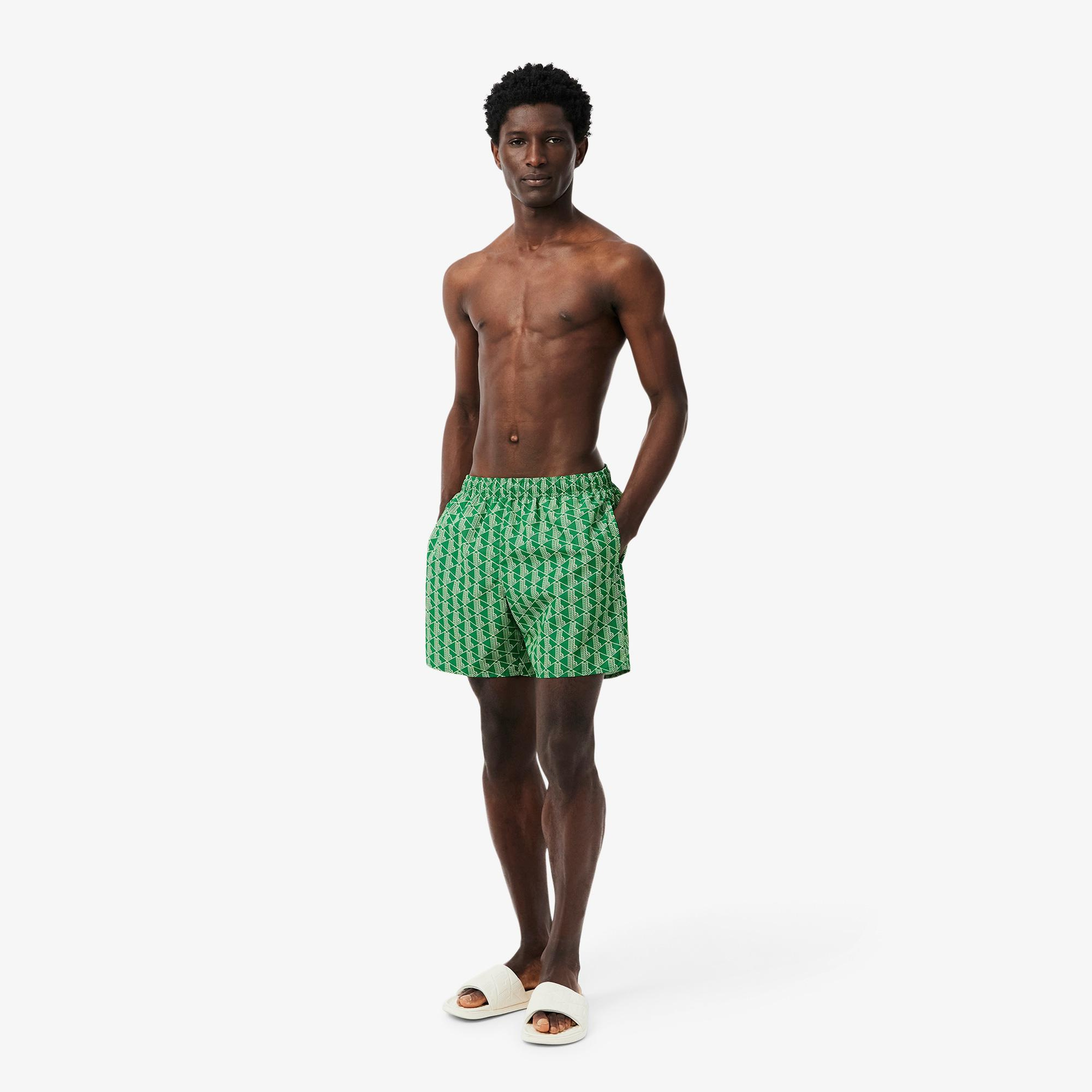 Lacoste Mid Monogram Print Swim Erkek Yeşil Deniz Şortu