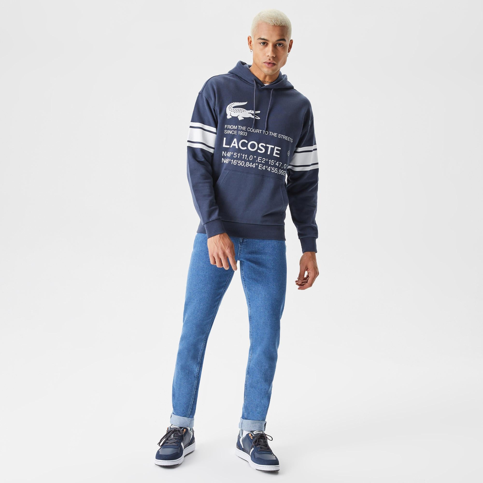 Erkek Relaxed Fit Kapüşonlu Baskılı Lacivert Sweatshirt