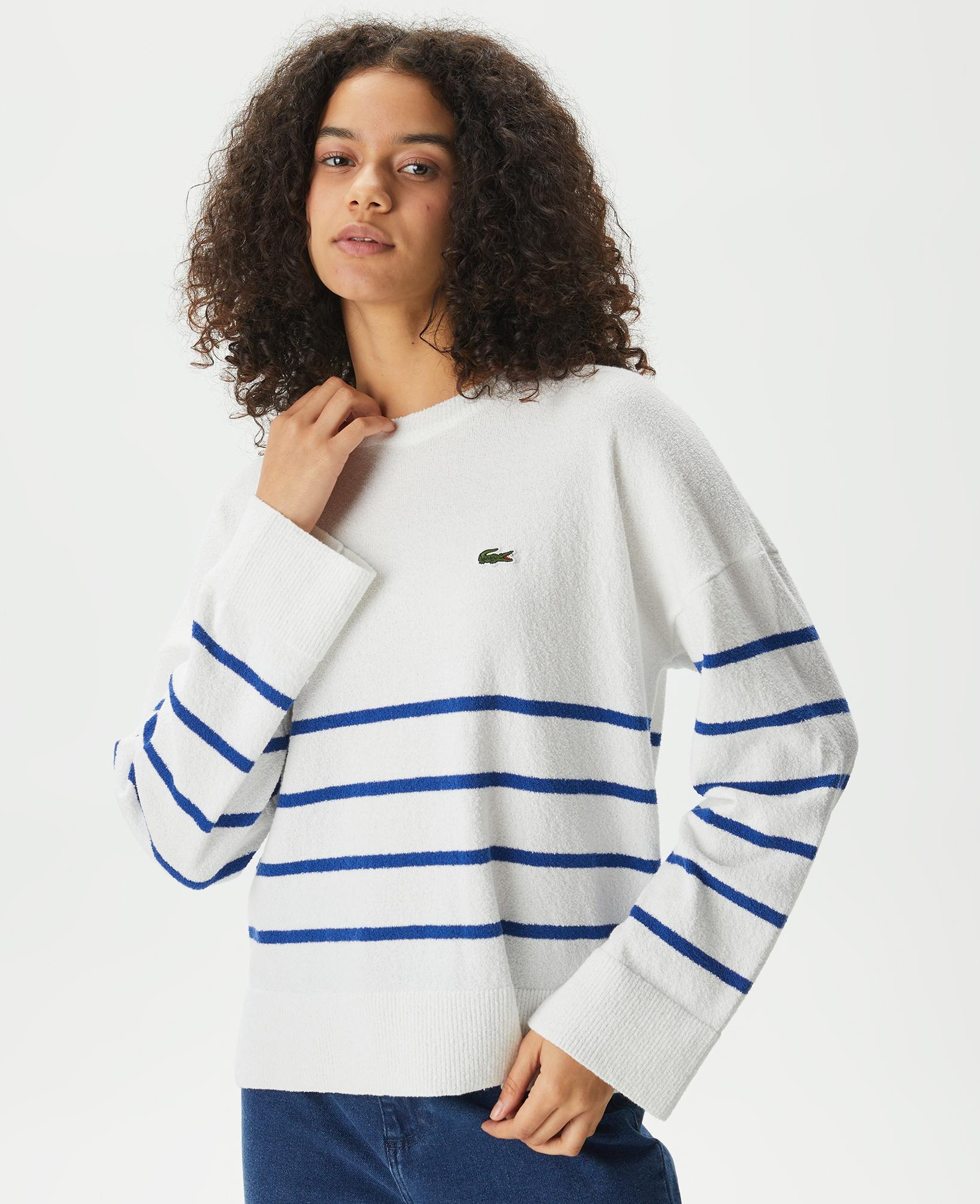 Kadın Relaxed Fit Bisiklet Yaka Çizgili Beyaz Triko