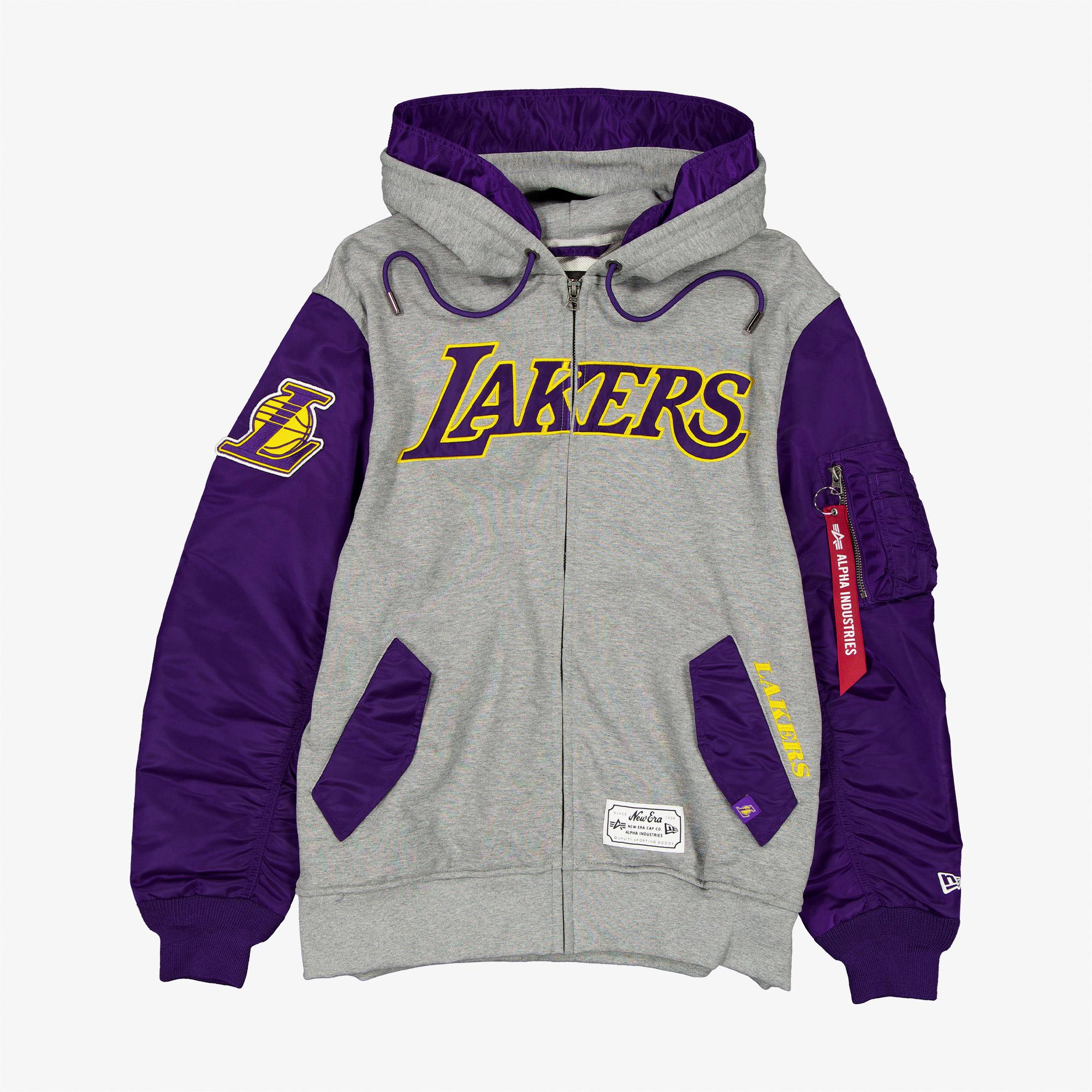 Alpha Industries x New Era Los Angeles Lakers Ma-1 Fermuarlı Unisex Gri Sweatshirt