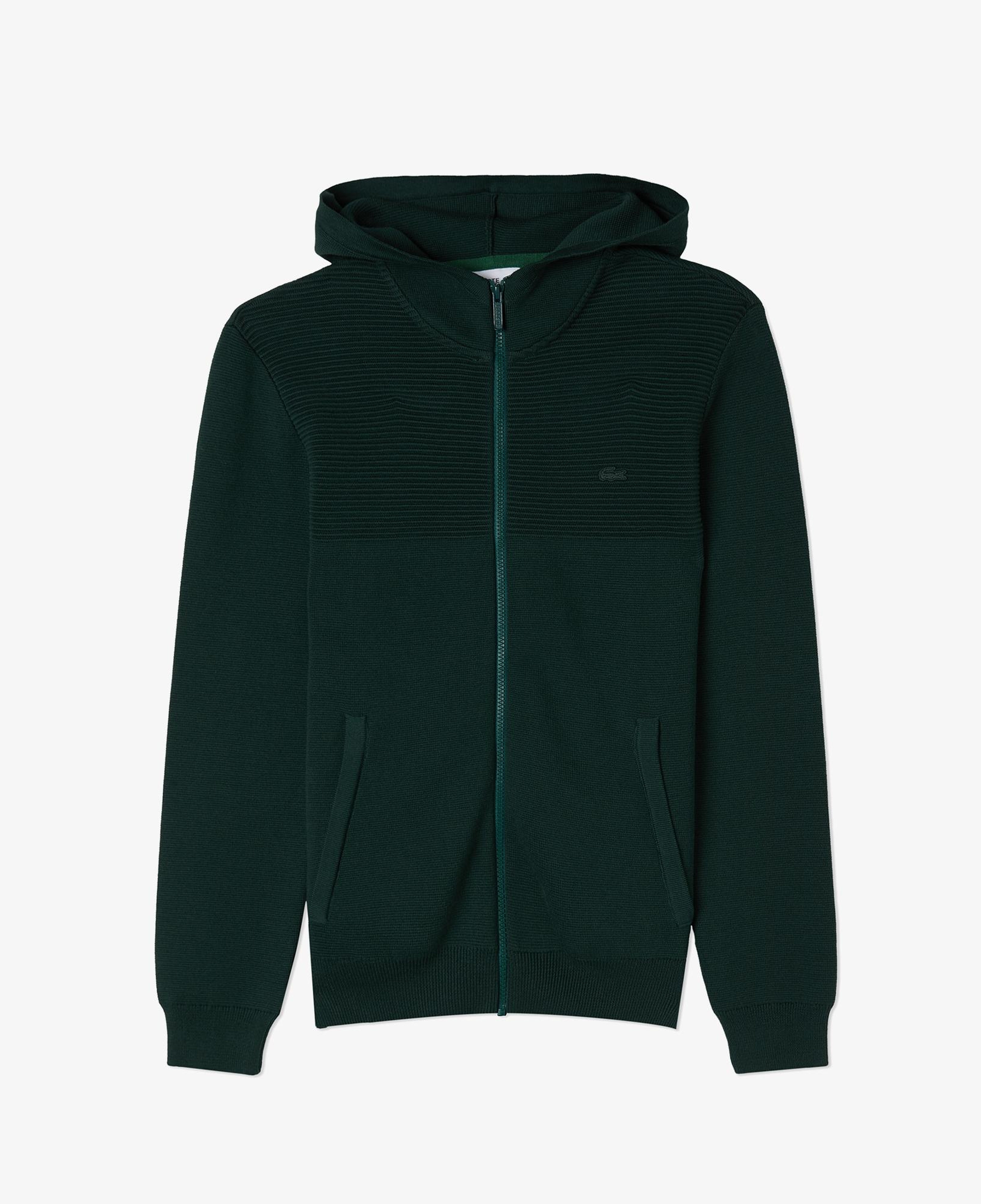 Erkek Regular Fit Uzun Kollu Kapüşonlu Desenli Koyu Yeşil Triko