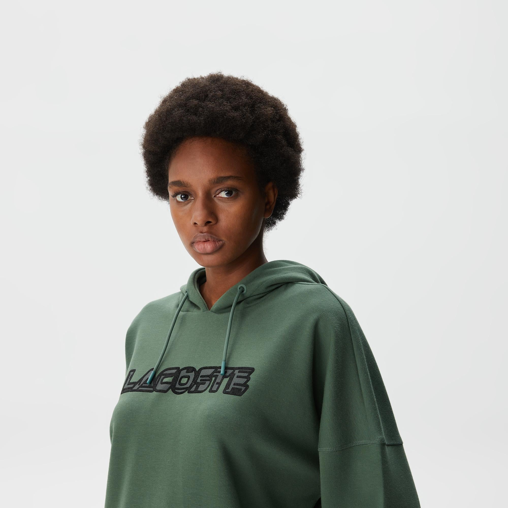 Kadın Crop Fit Kapüşonlu Baskılı Yeşil Sweatshirt
