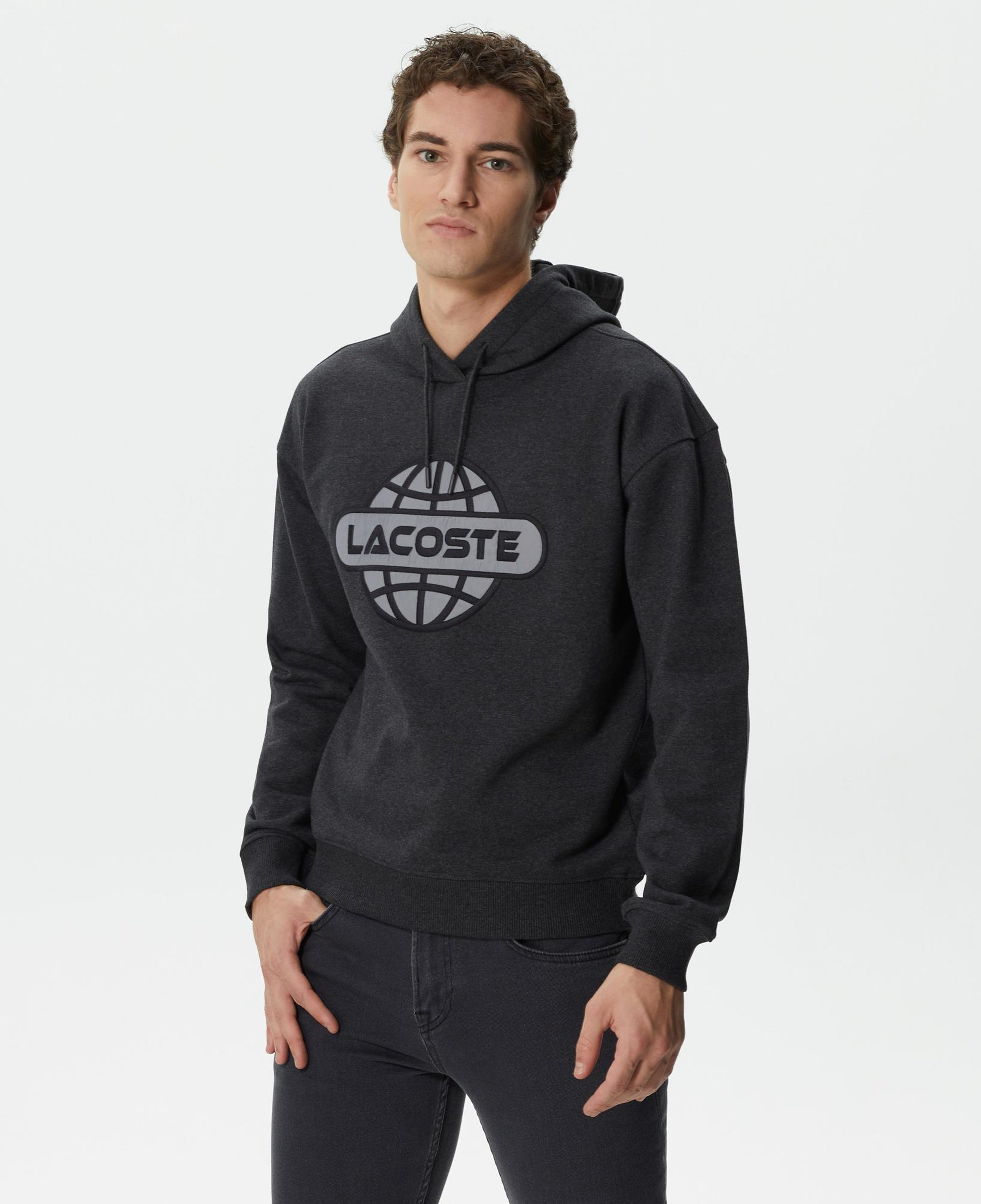Lacoste Erkek Relaxed Fit Kapüşonlu Baskılı Gri Sweatshirt