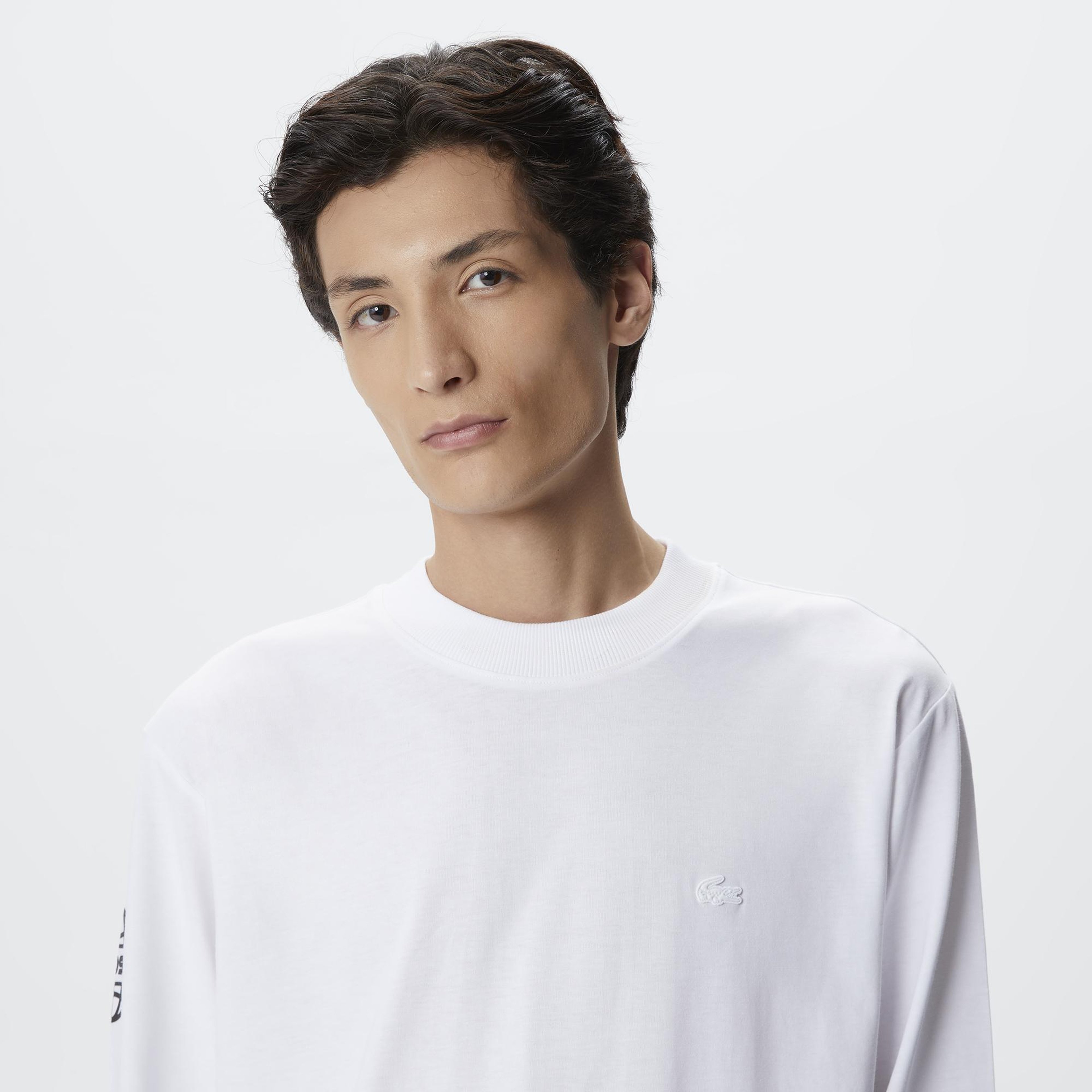 Erkek Relaxed Fit Uzun Kollu Bisiklet Yaka Baskılı Beyaz T-Shirt