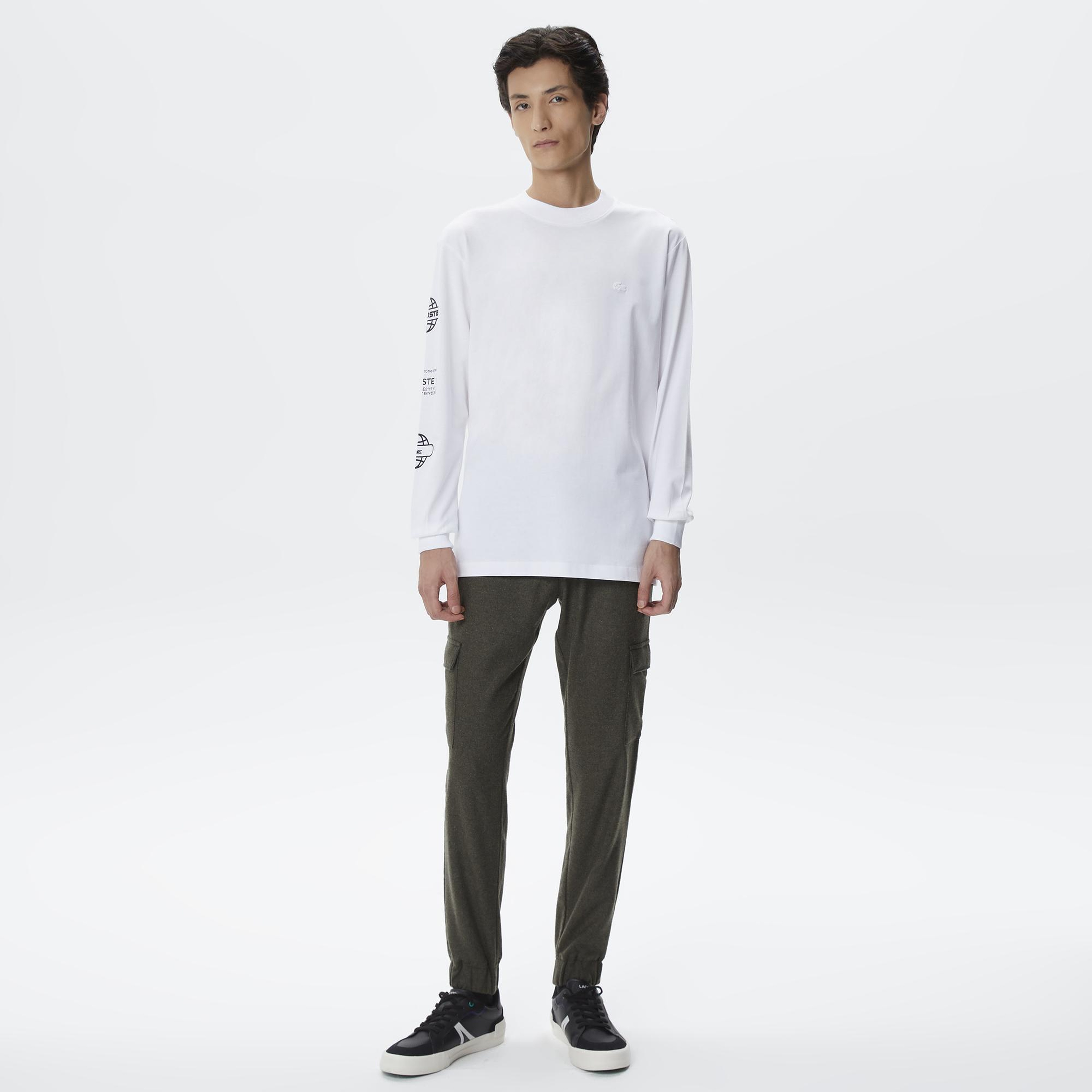 Erkek Relaxed Fit Uzun Kollu Bisiklet Yaka Baskılı Beyaz T-Shirt