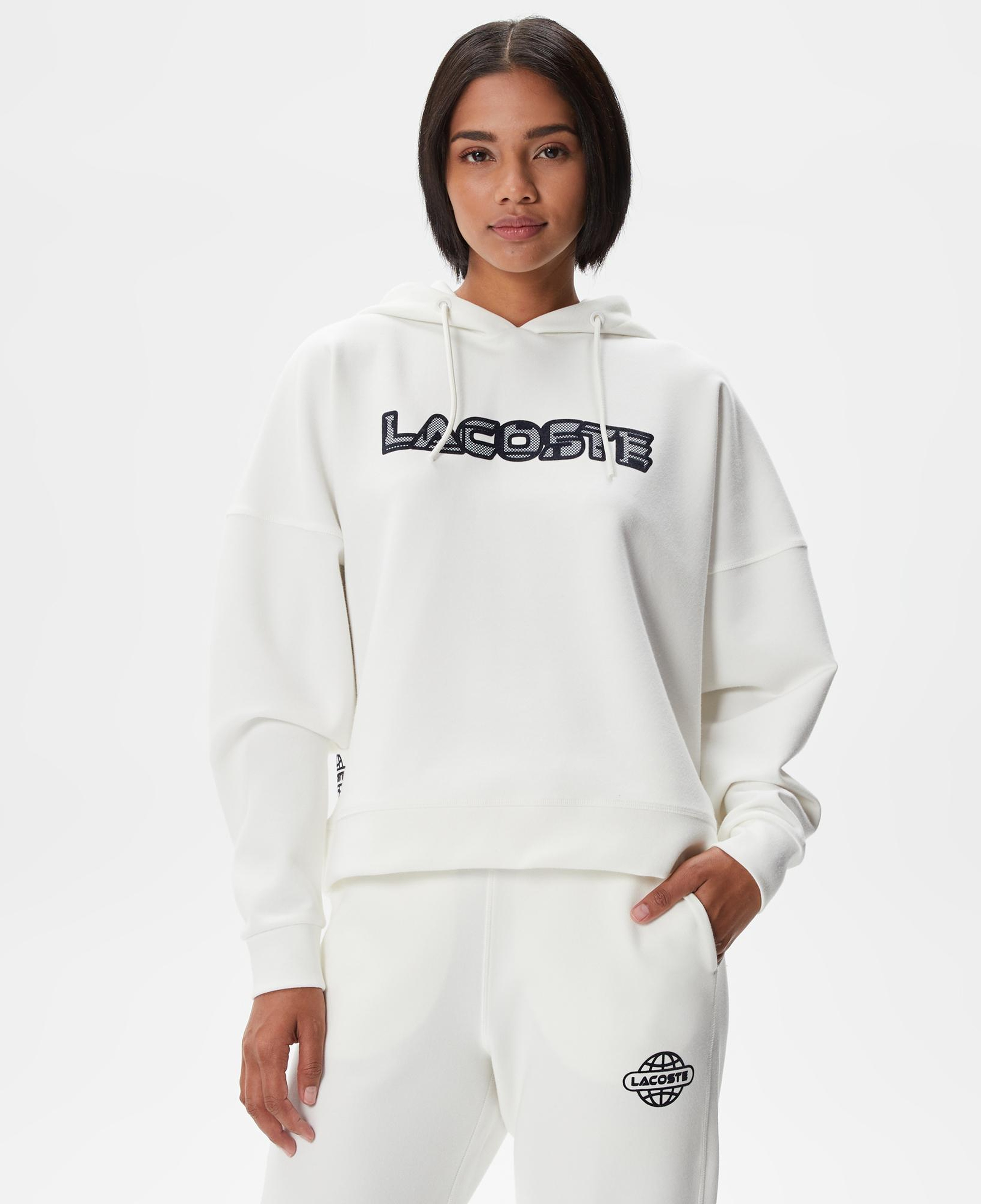 Lacoste Kadın Crop Fit Kapüşonlu Baskılı Beyaz Sweatshirt