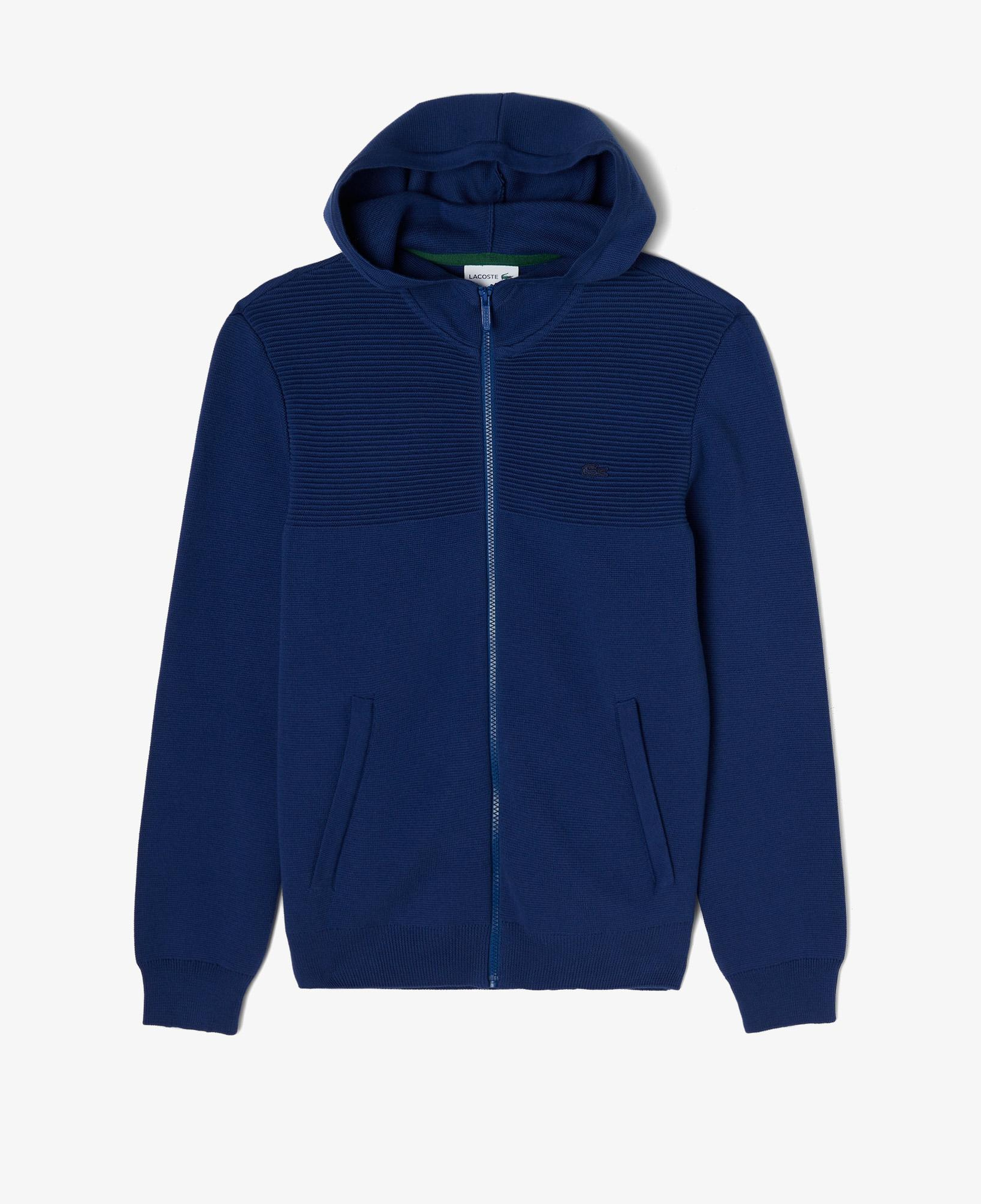 Erkek Regular Fit Uzun Kollu Kapüşonlu Desenli Koyu Mavi Triko