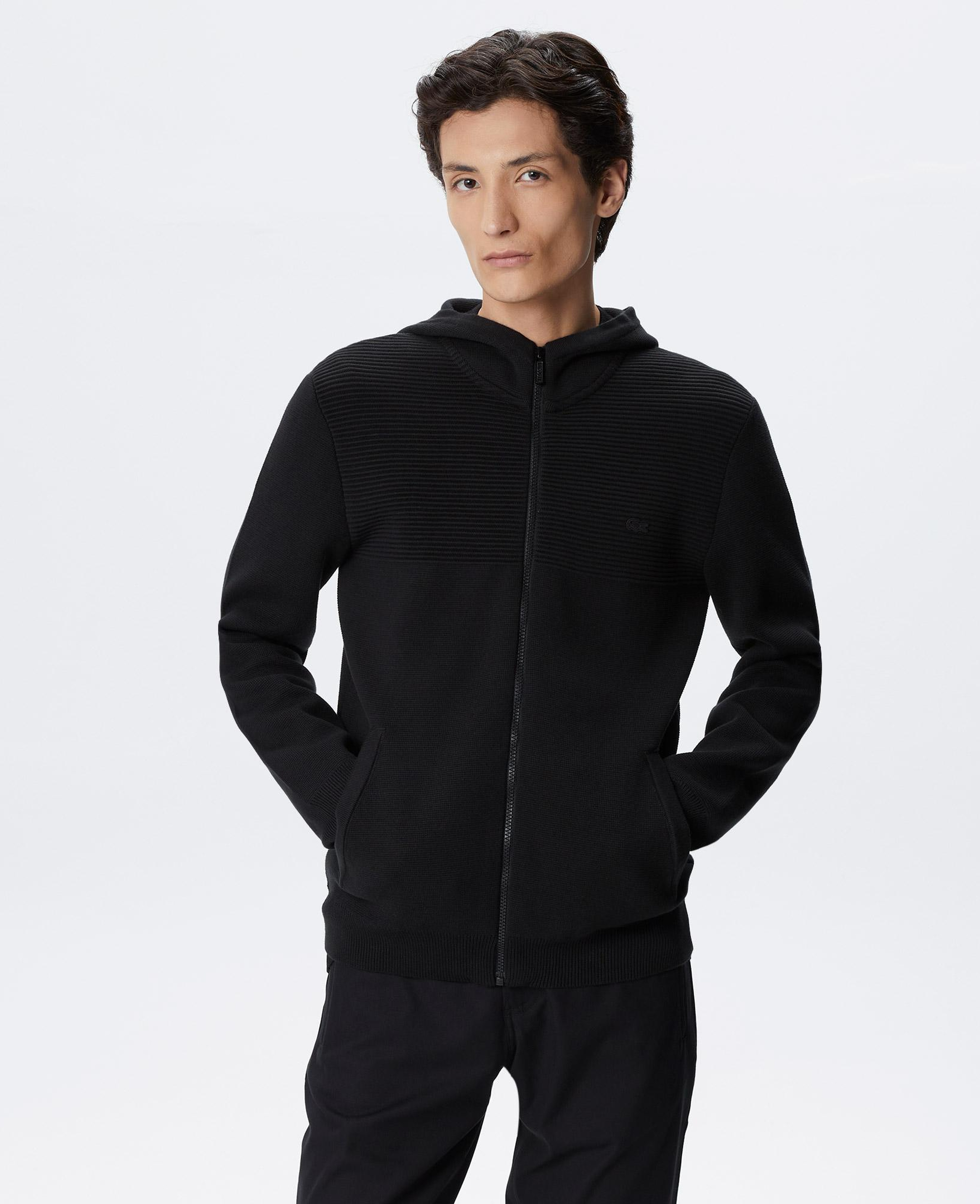 Erkek Regular Fit Uzun Kollu Kapüşonlu Desenli Siyah Triko