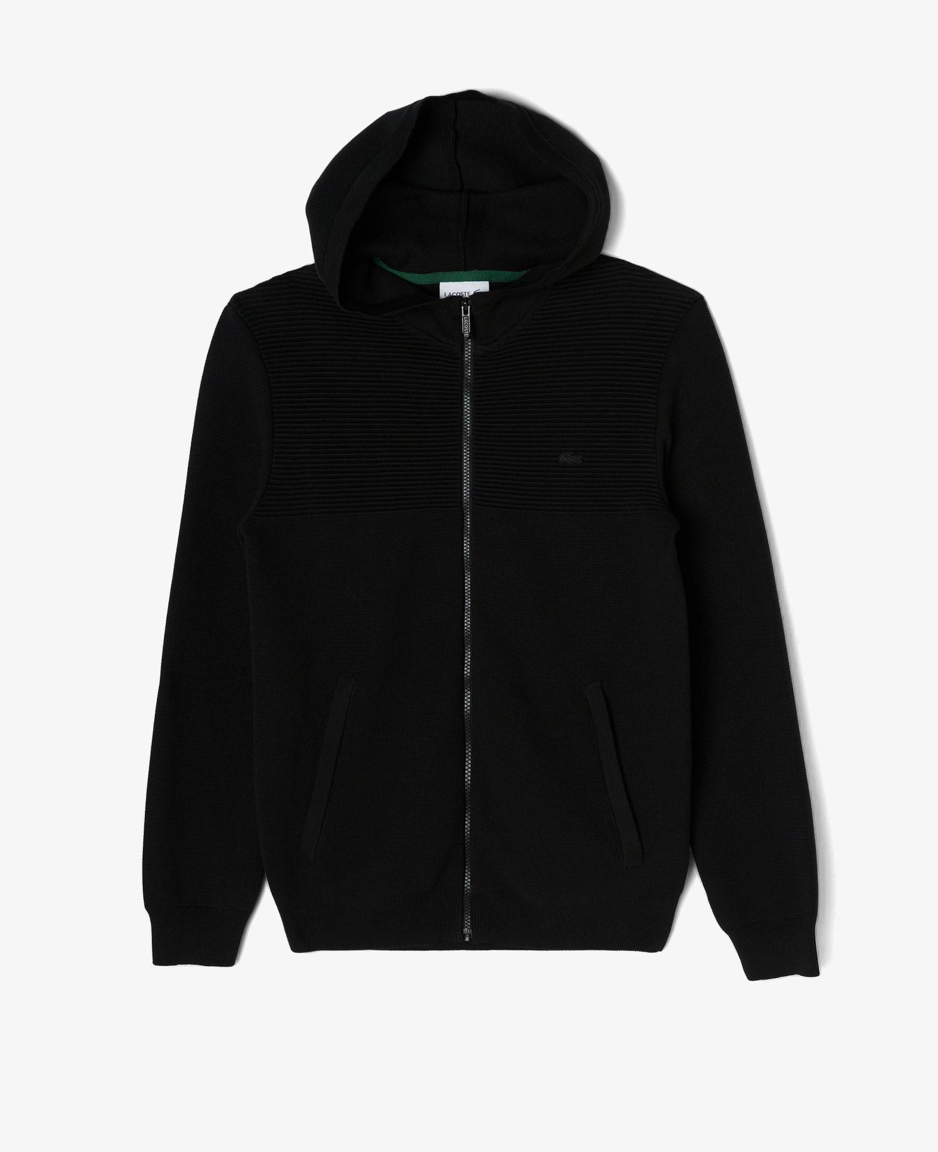Erkek Regular Fit Uzun Kollu Kapüşonlu Desenli Siyah Triko