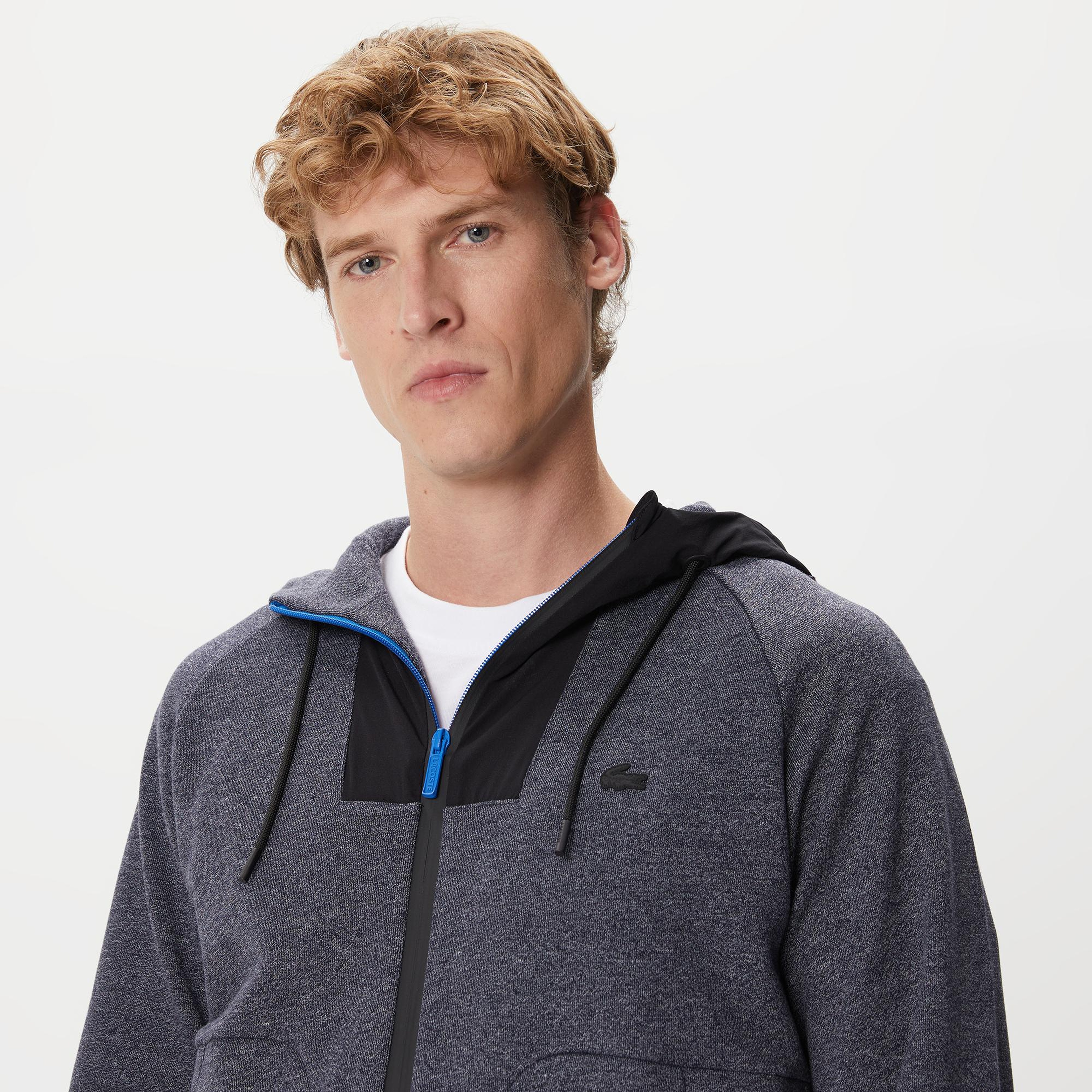 Erkek Slim Fit Kapüşonlu Renk Bloklu Lacivert Sweatshirt