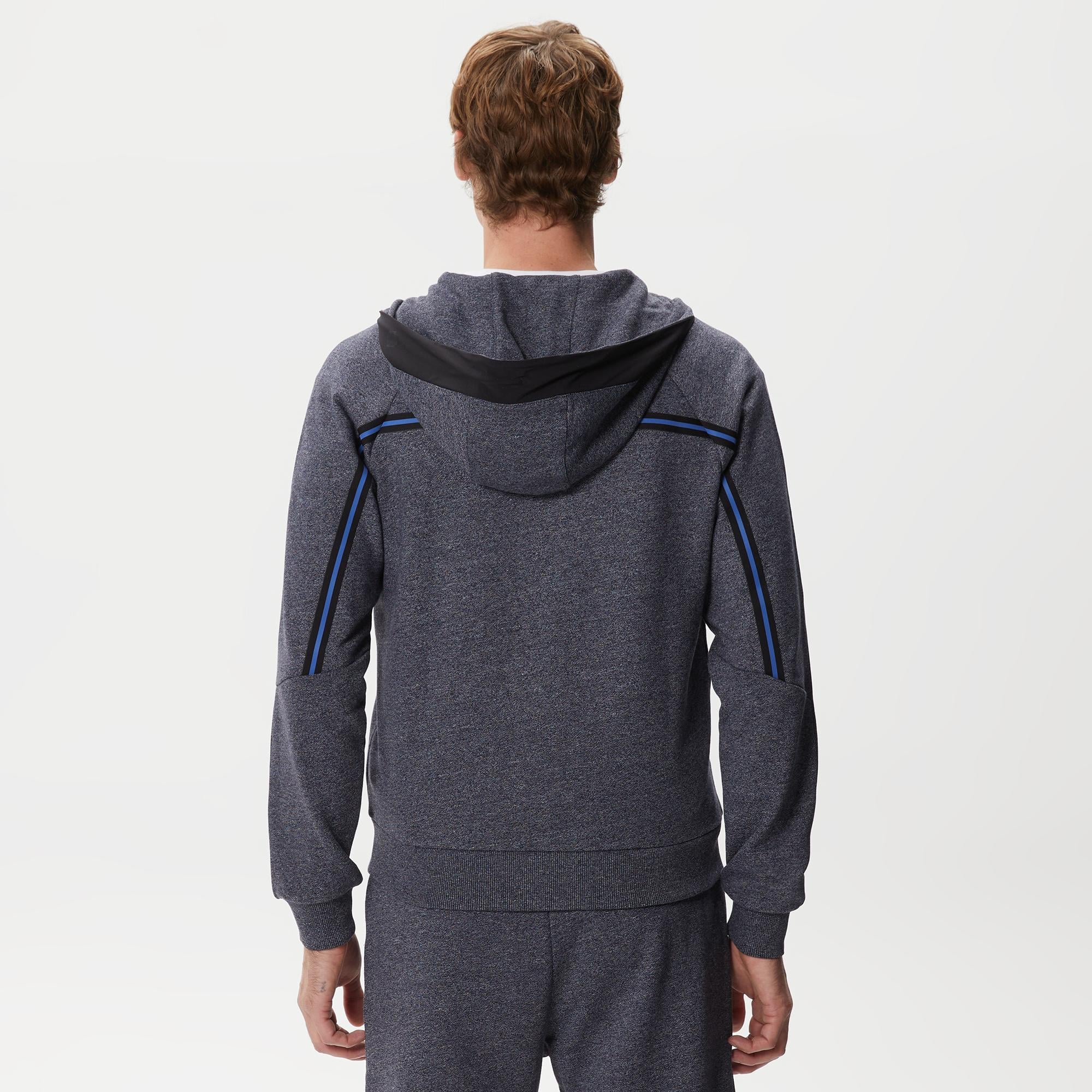 Erkek Slim Fit Kapüşonlu Renk Bloklu Lacivert Sweatshirt