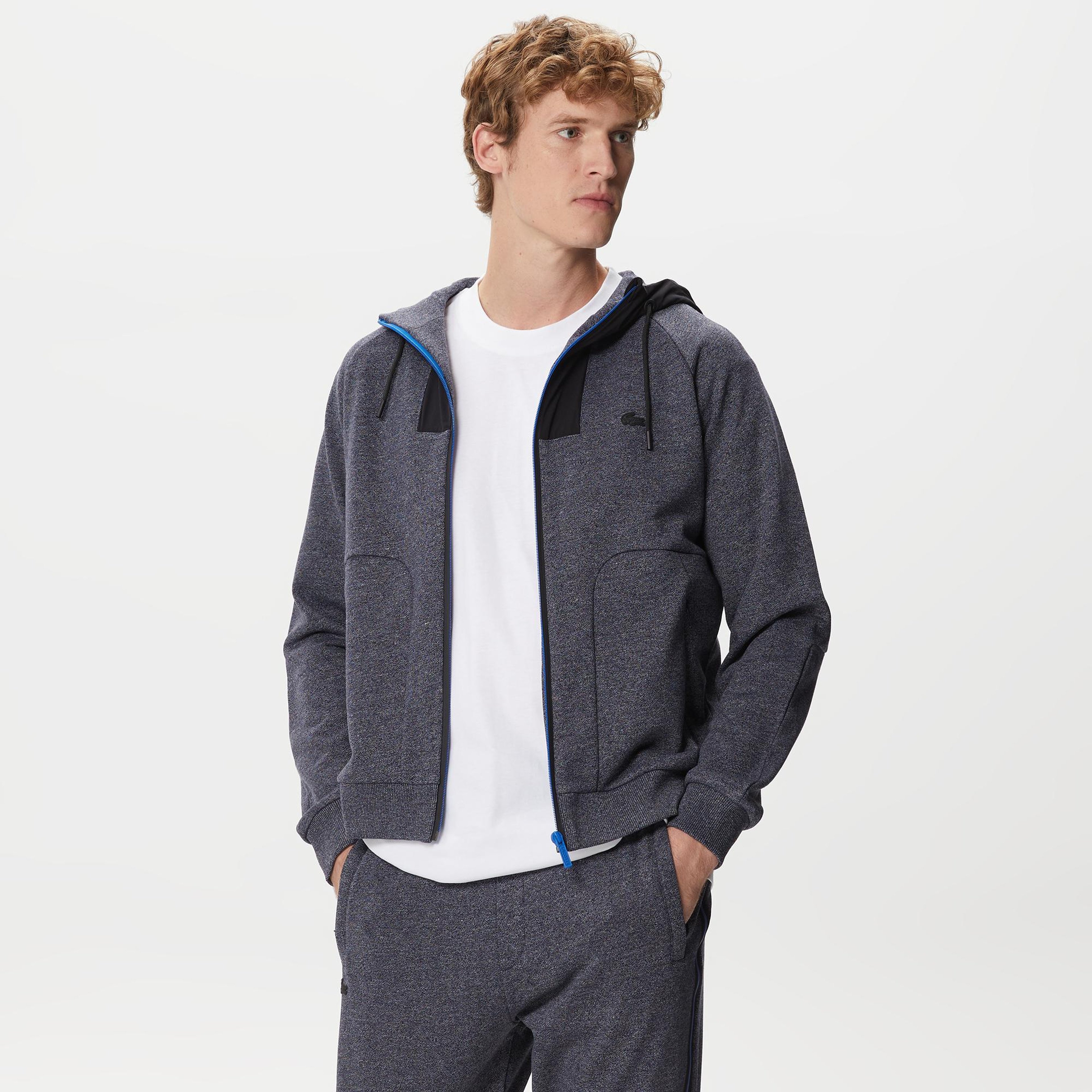 Erkek Slim Fit Kapüşonlu Renk Bloklu Lacivert Sweatshirt