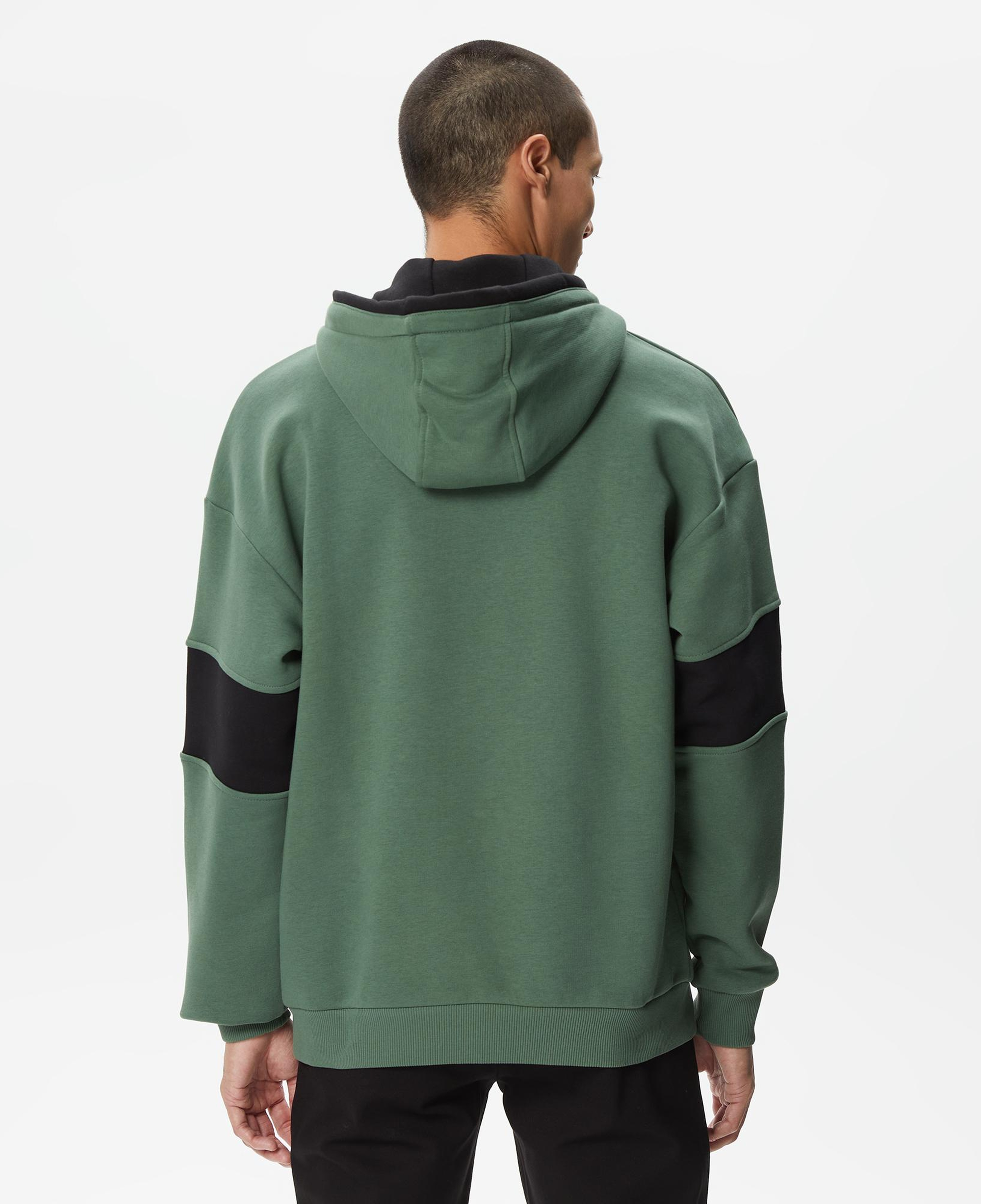 Erkek Relaxed Fit Kapüşonlu Renk Bloklu Haki Sweatshirt