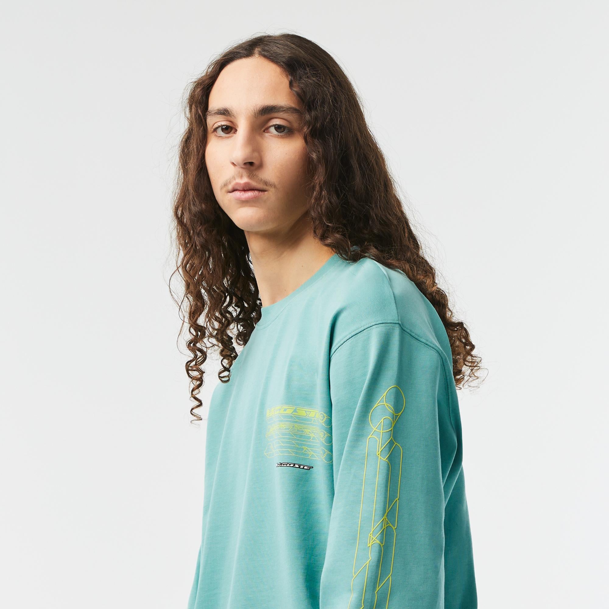 Erkek Loose Fit Uzun Kollu Bisiklet Yaka Yeşil T-Shirt