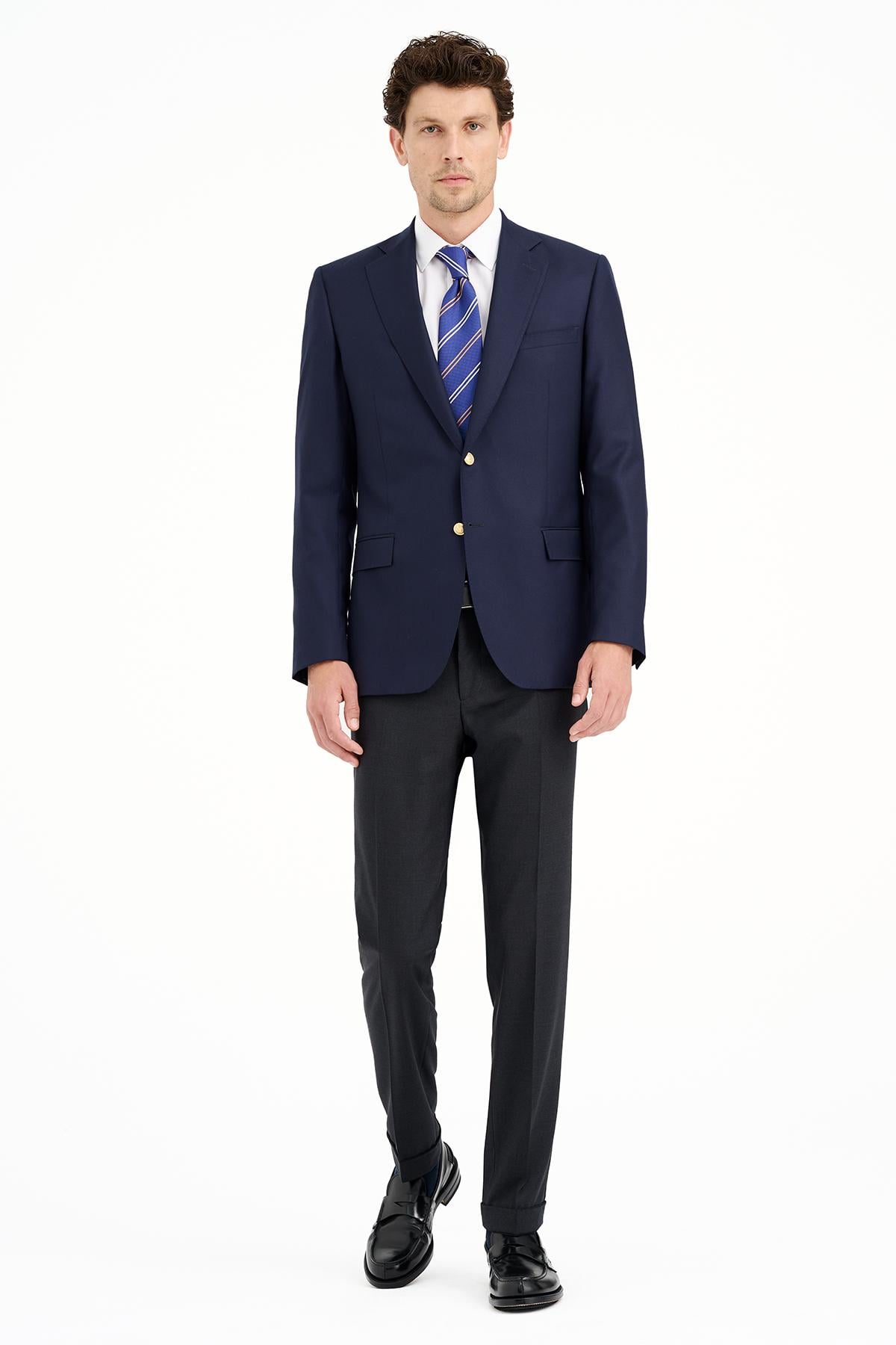 Erkek Lacivert Yün Loro Piana Kumaşıyla Üretilmiş Blazer Ceket