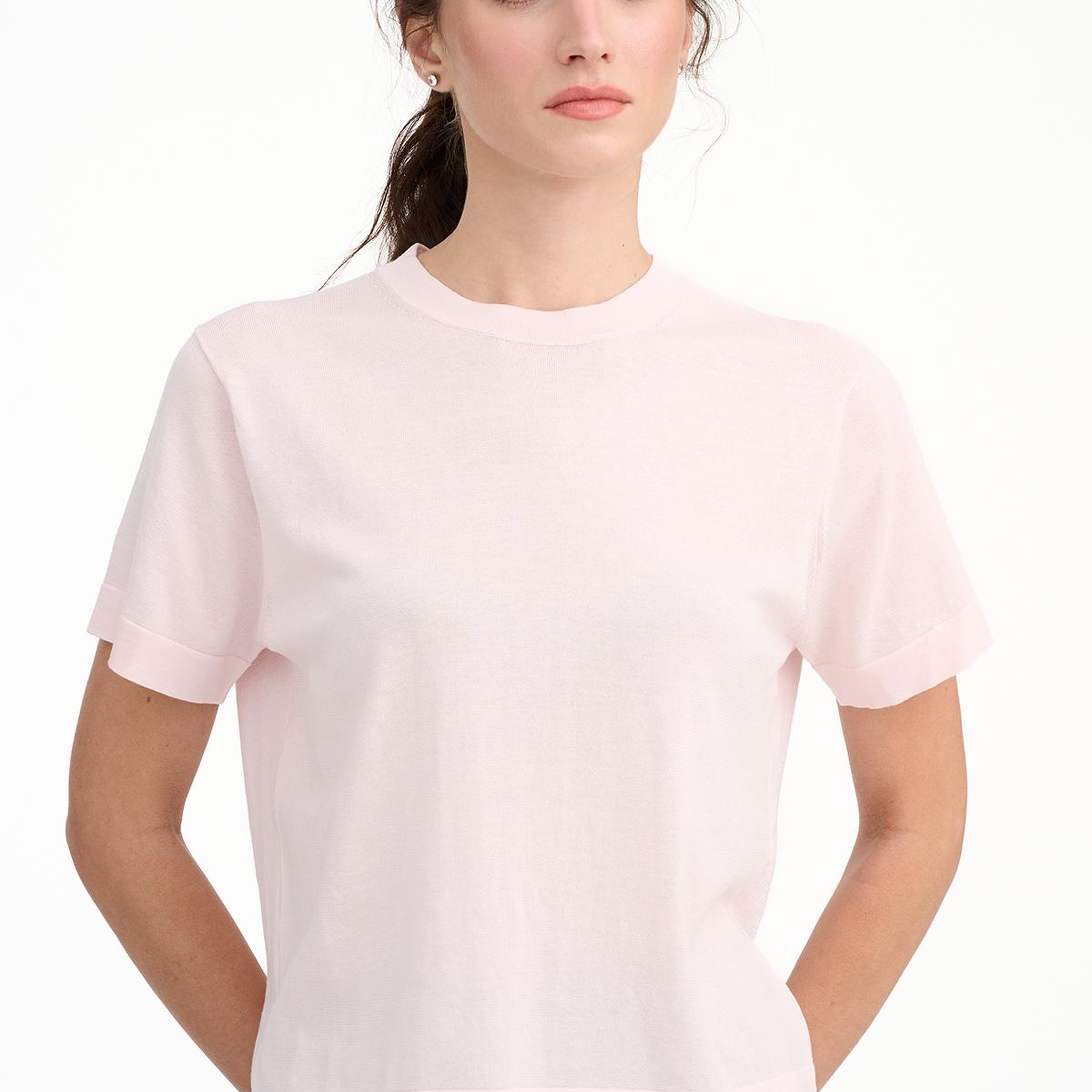 Kadın Pembe İpek Karışımlı Kısa Kollu Kazak