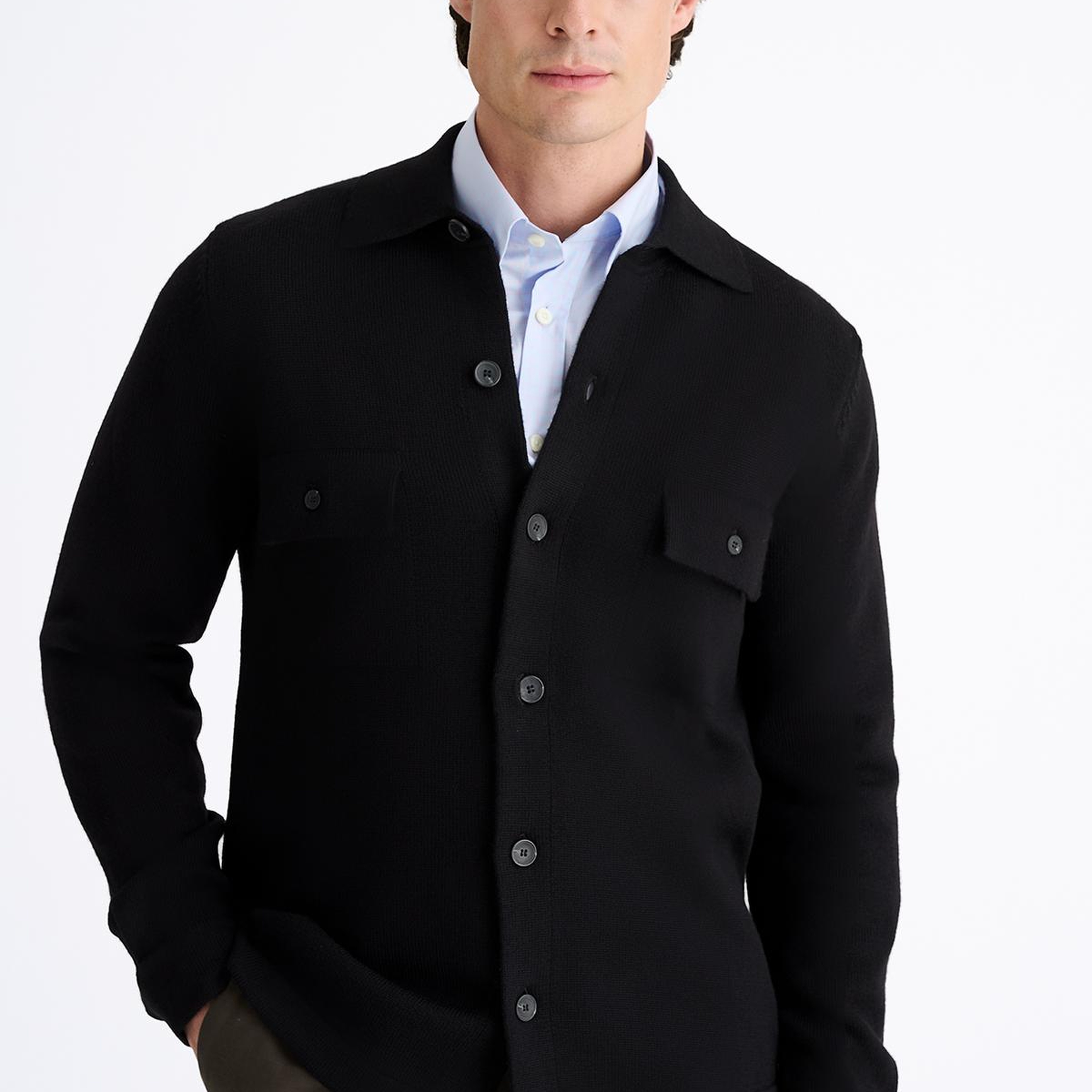 Erkek Siyah Extrafine Yün Overshirt Triko