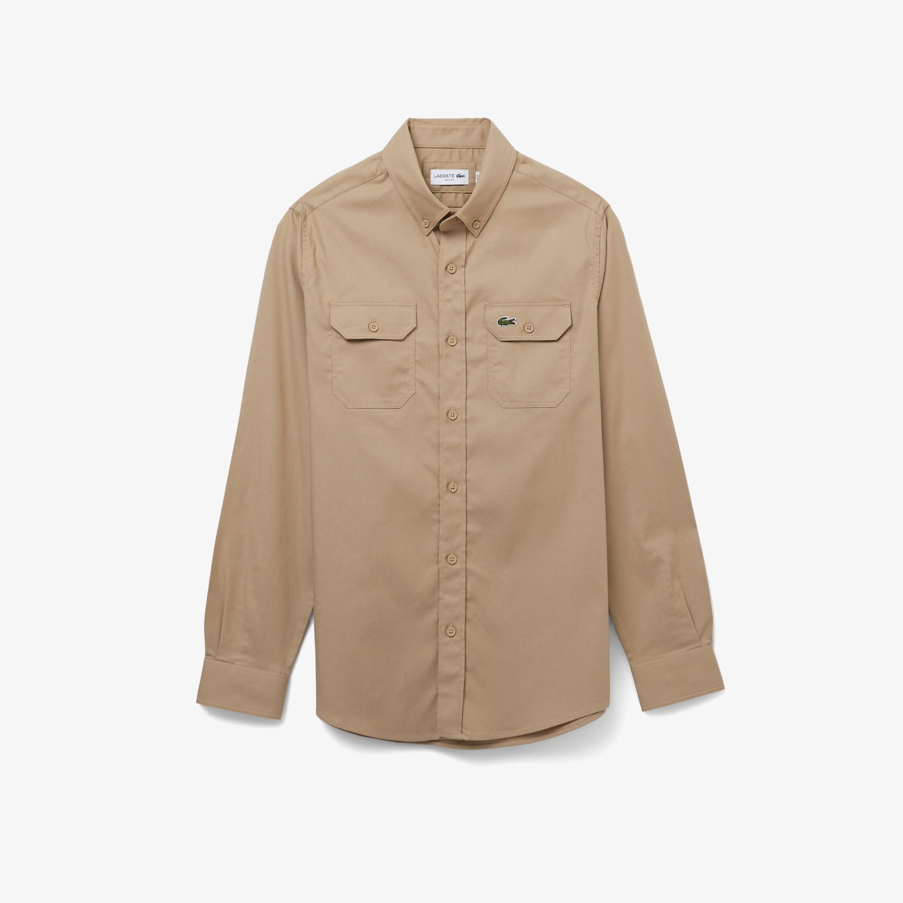 Erkek Slim Fit Düğmeli Yaka Bej Gömlek