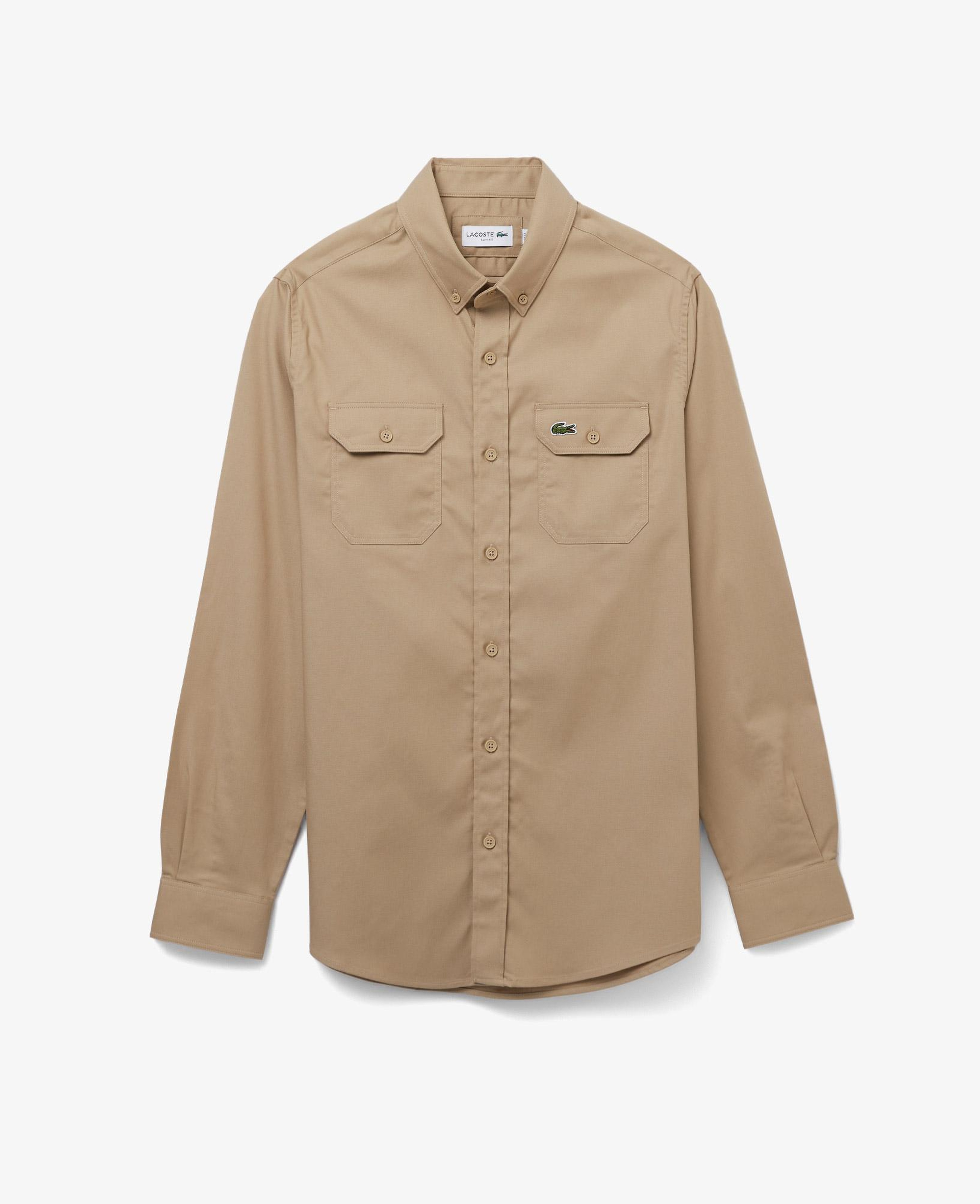Erkek Slim Fit Düğmeli Yaka Bej Gömlek