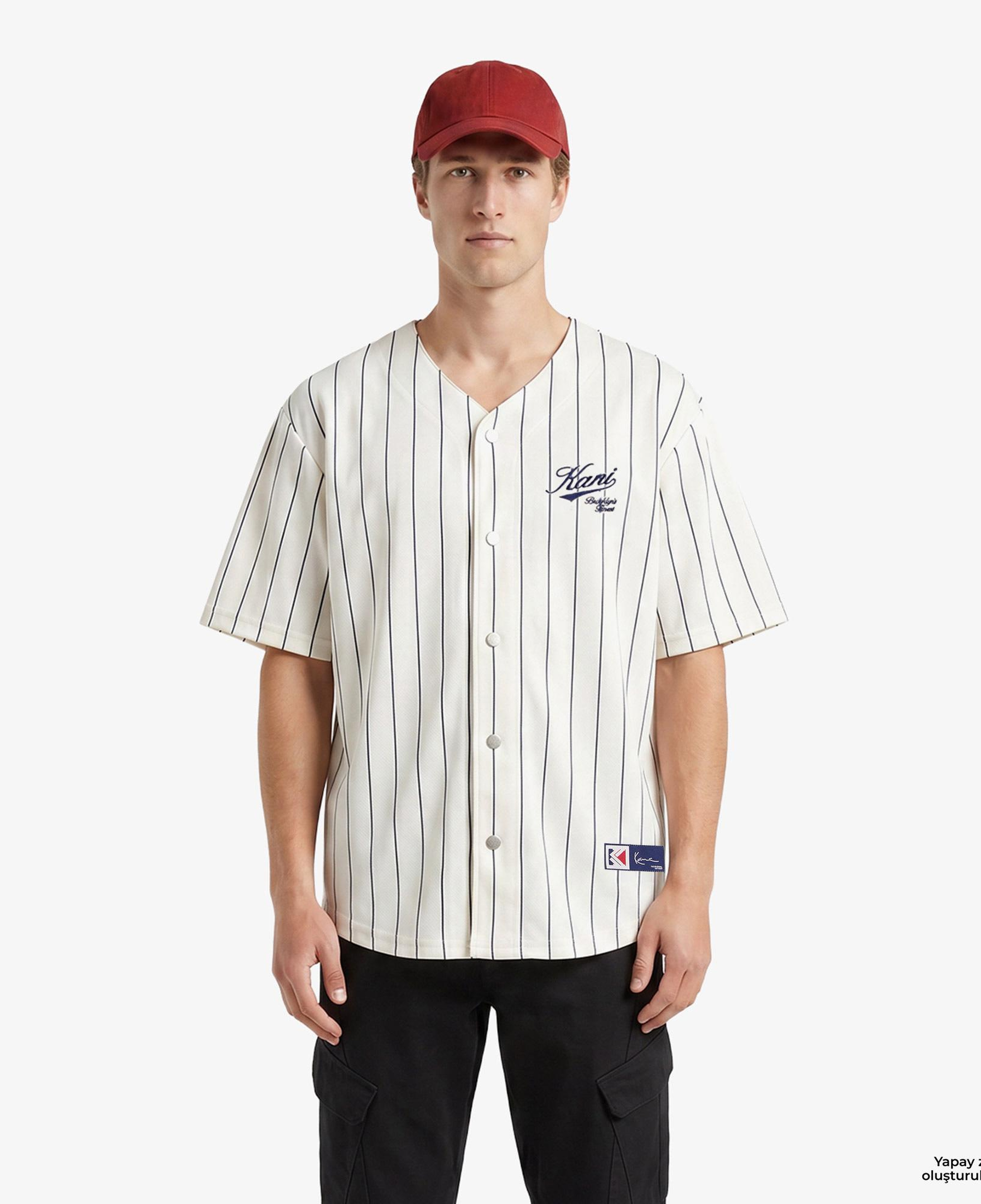 Karl Kani Cursive Varsity Pinstripe Cropped Baseball Erkek Beyaz Gömlek
