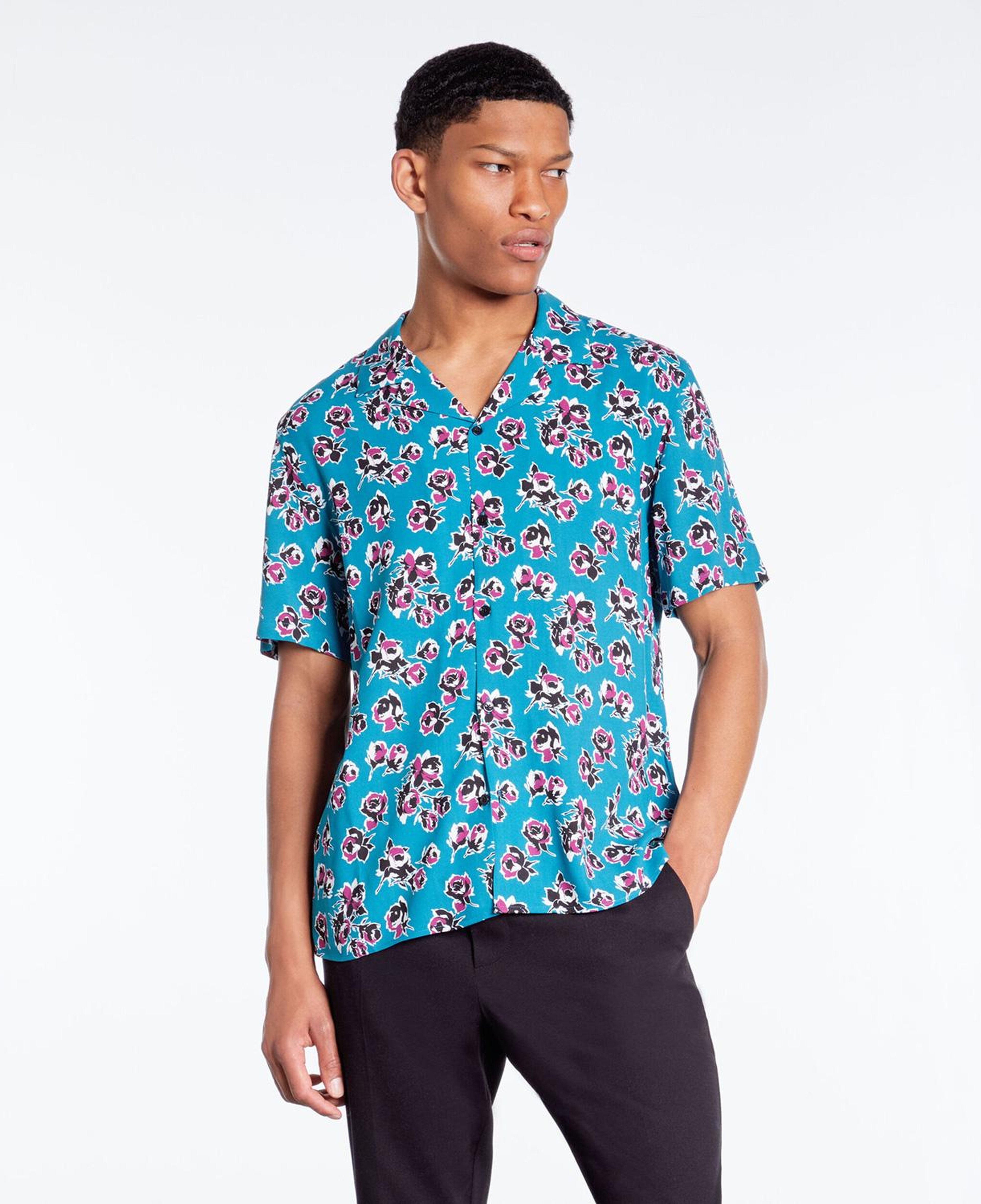 The Kooples Çiçek Desenli Straight Fit Erkek Mavi Gömlek
