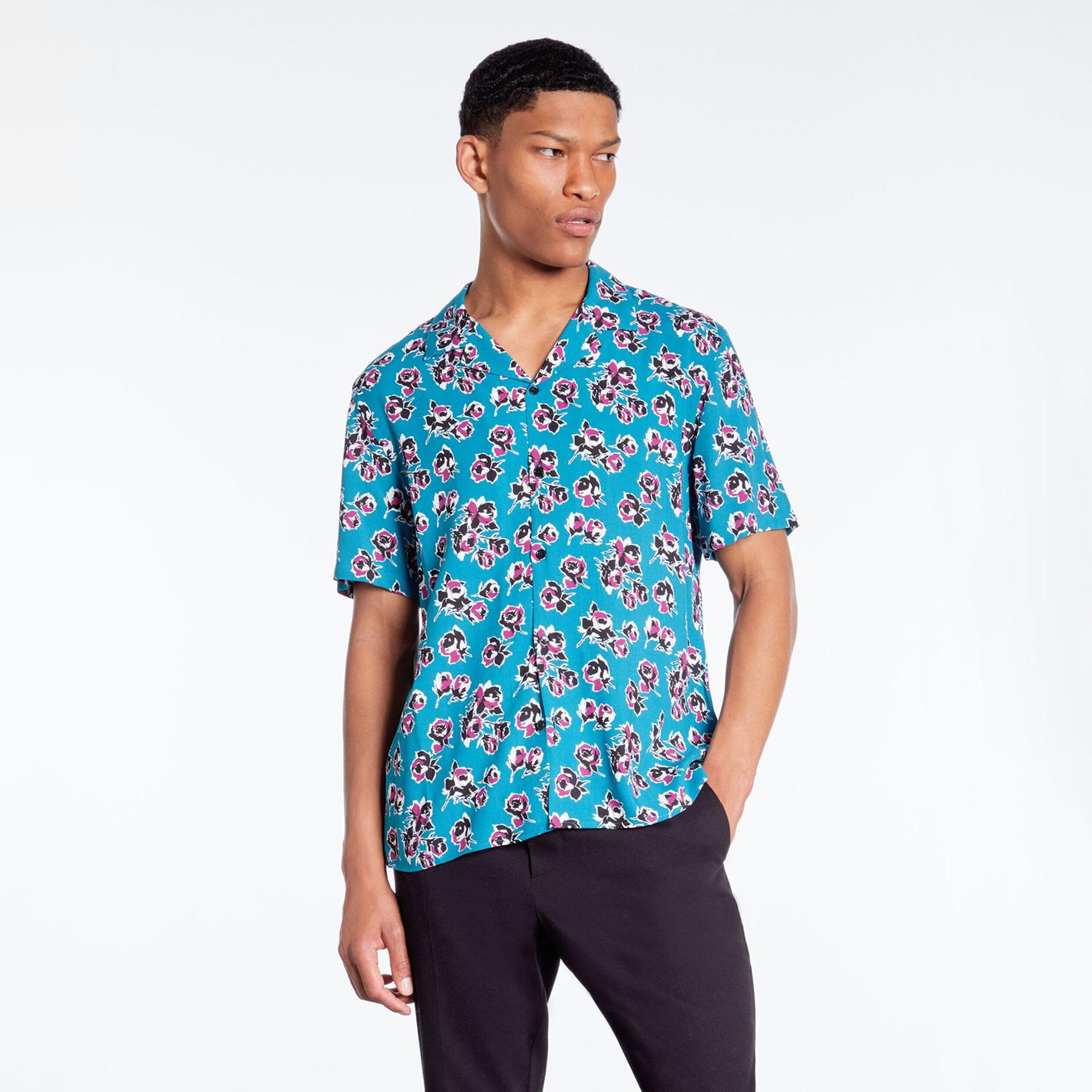 The Kooples Çiçek Desenli Straight Fit Erkek Mavi Gömlek