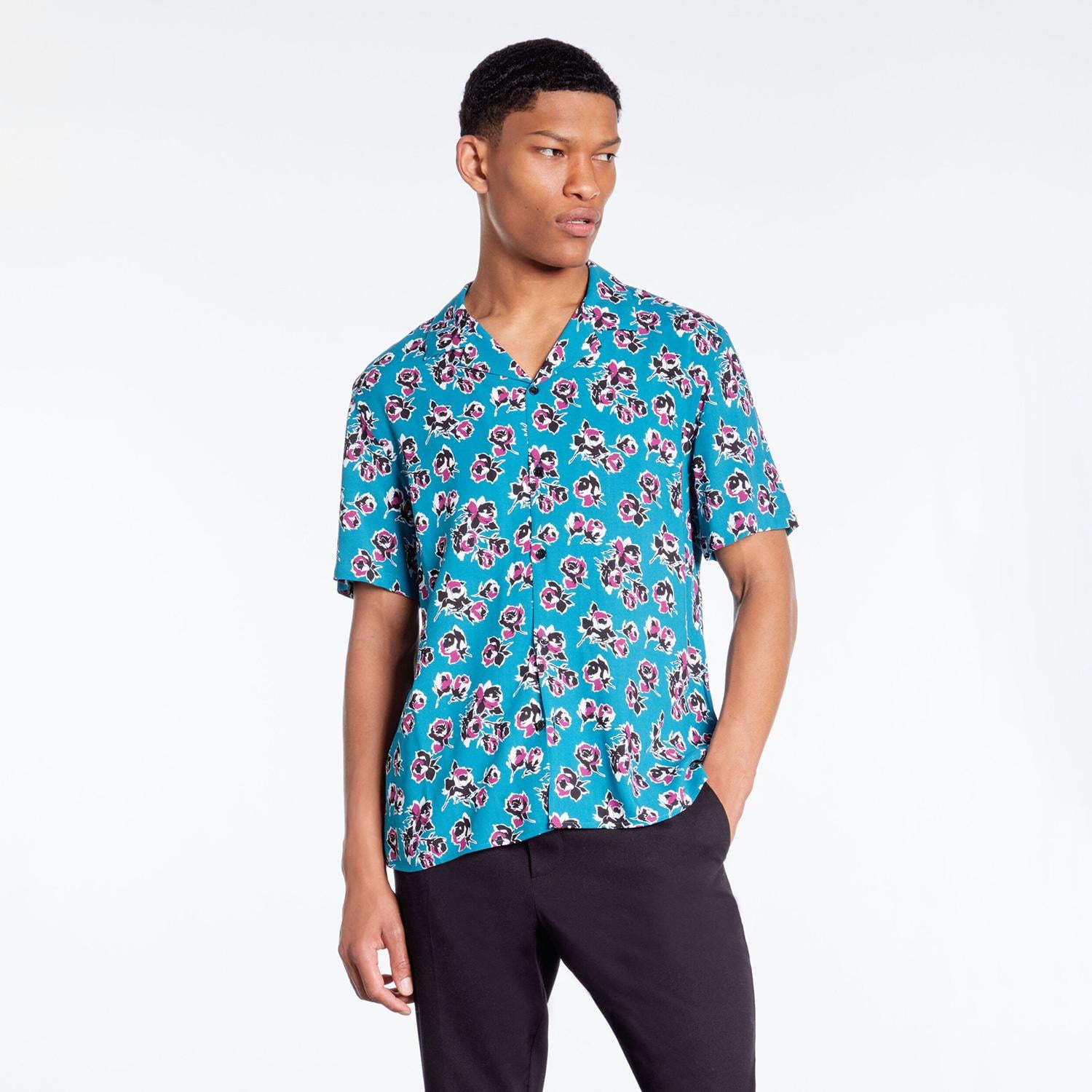 The Kooples Çiçek Desenli Straight Fit Erkek Mavi Gömlek