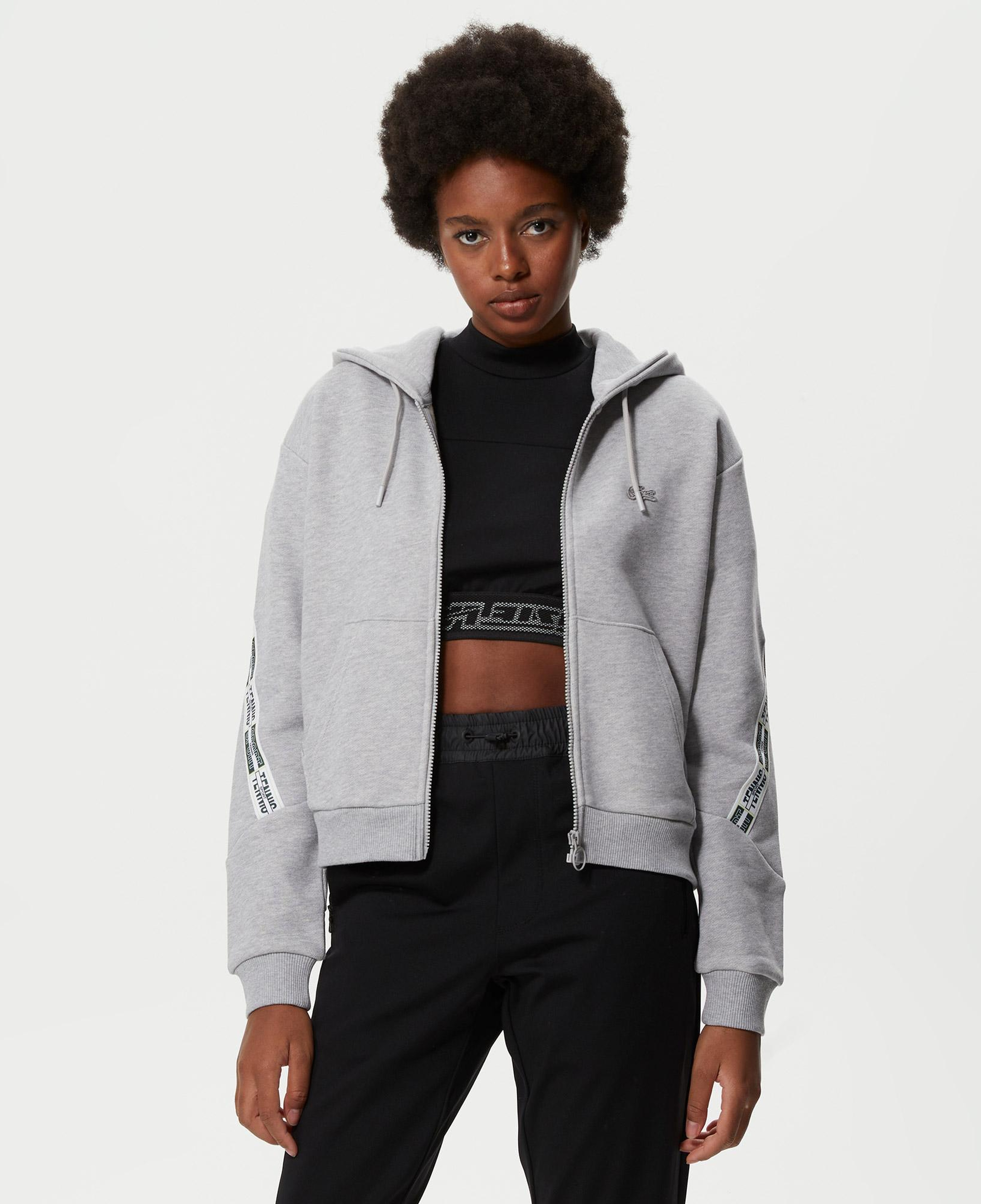 Kadın Crop Fit Kapüşonlu Baskılı Gri Sweatshirt
