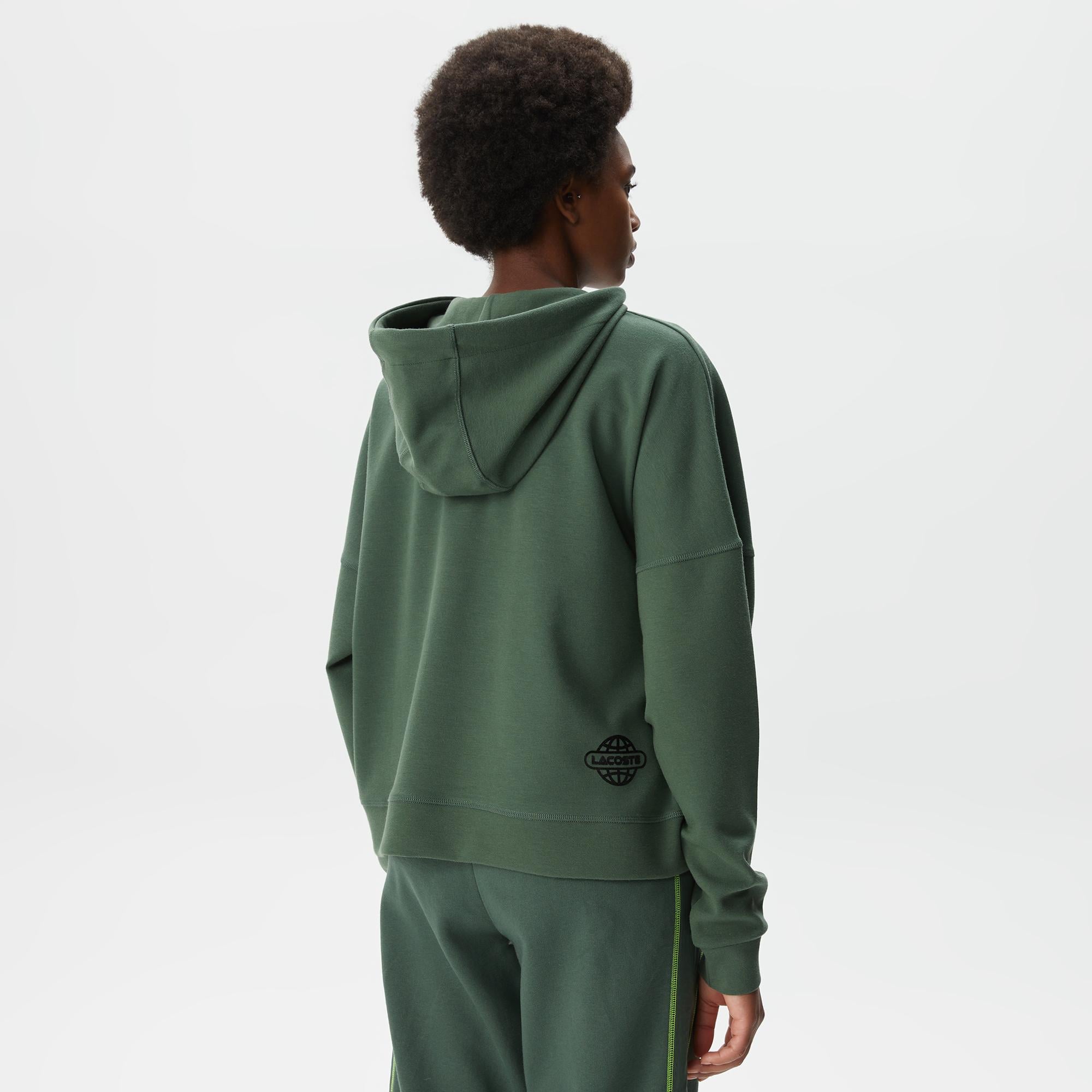 Kadın Crop Fit Kapüşonlu Baskılı Yeşil Sweatshirt