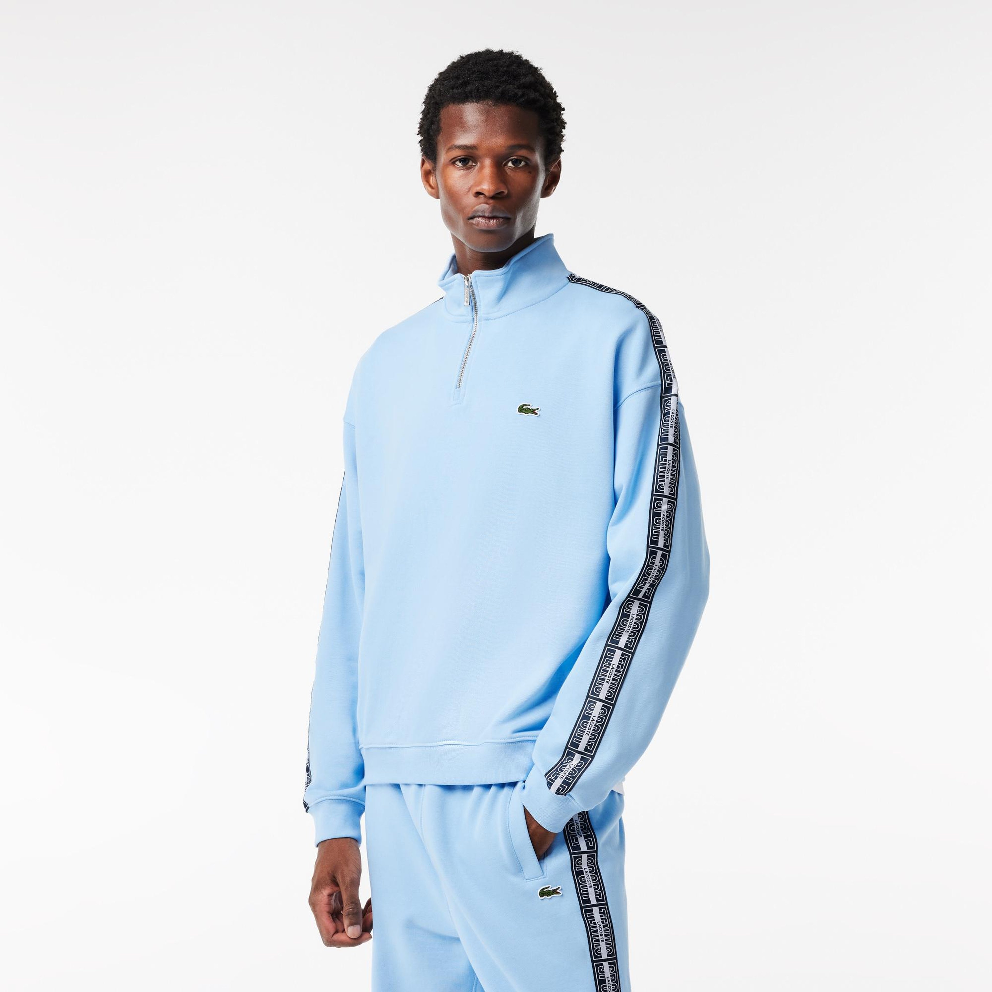 Erkek Loose Fit Yarım Fermuarlı Baskılı Açık Mavi Sweatshirt