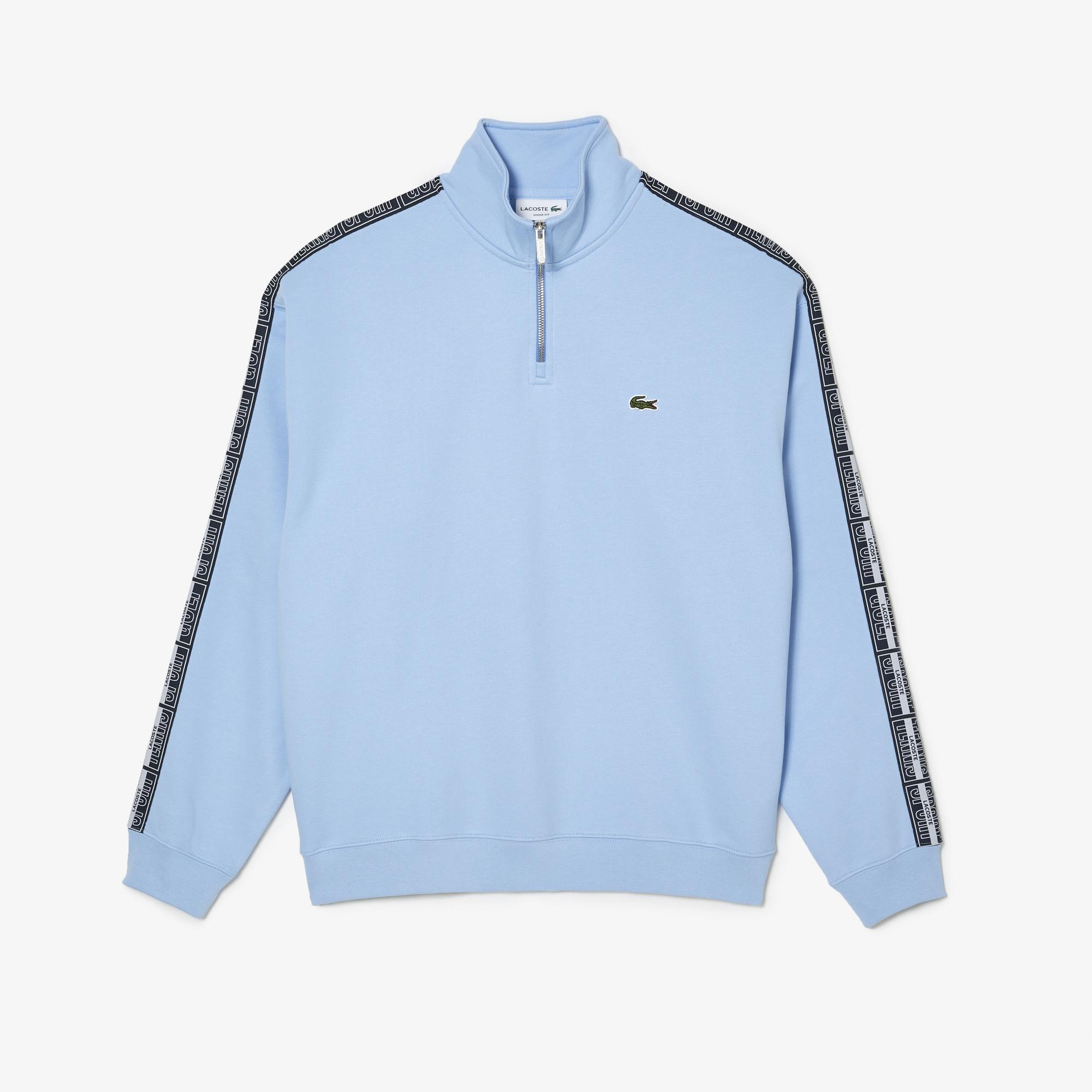 Erkek Loose Fit Yarım Fermuarlı Baskılı Açık Mavi Sweatshirt
