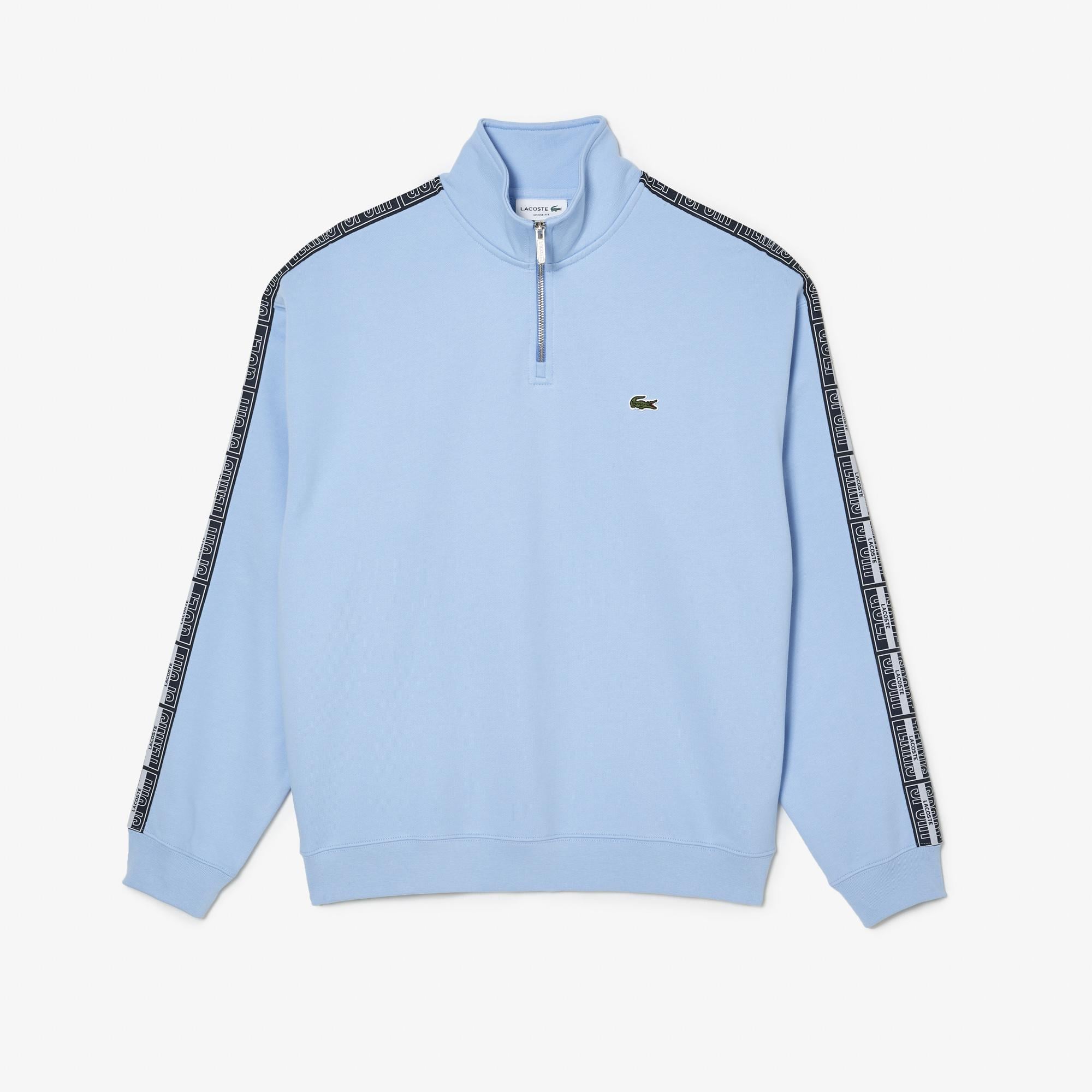 Erkek Loose Fit Yarım Fermuarlı Baskılı Açık Mavi Sweatshirt