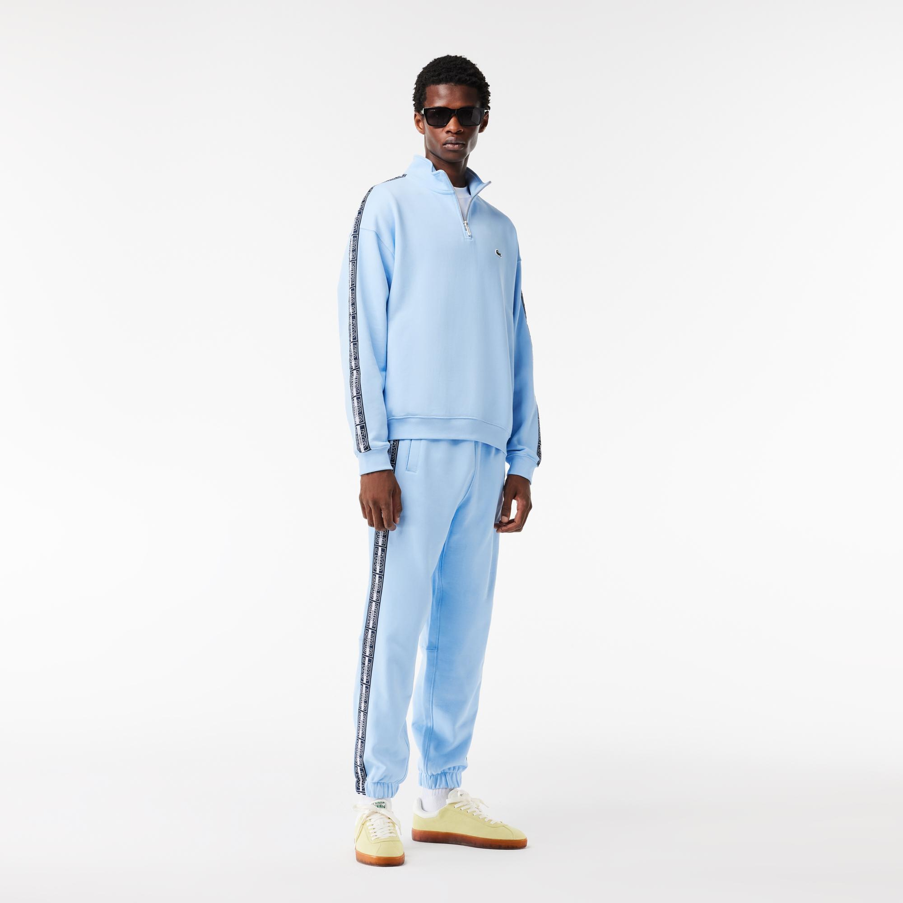 Erkek Loose Fit Yarım Fermuarlı Baskılı Açık Mavi Sweatshirt