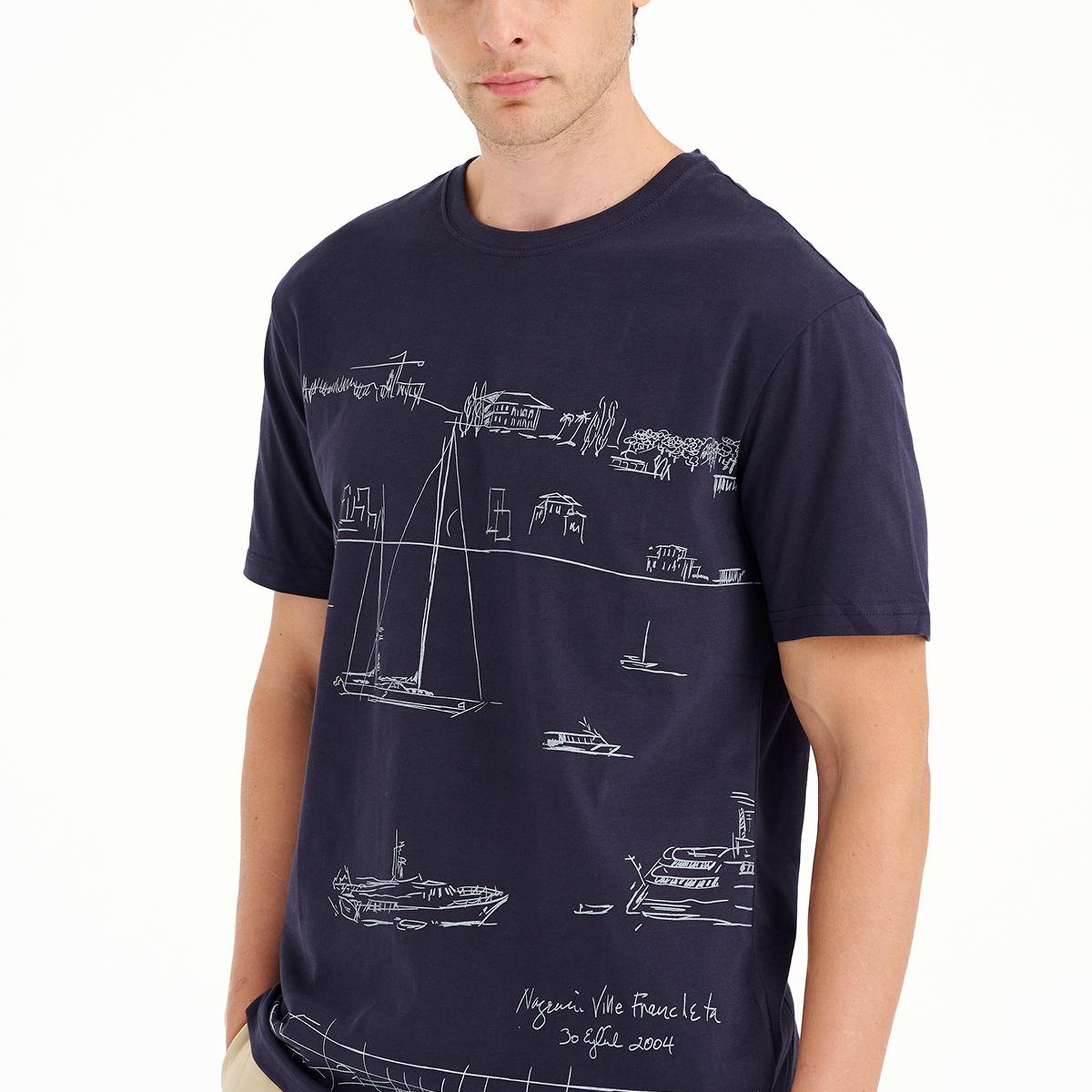 Erkek Lacivert Liman Baskılı Bisiklet Yaka T-Shirt