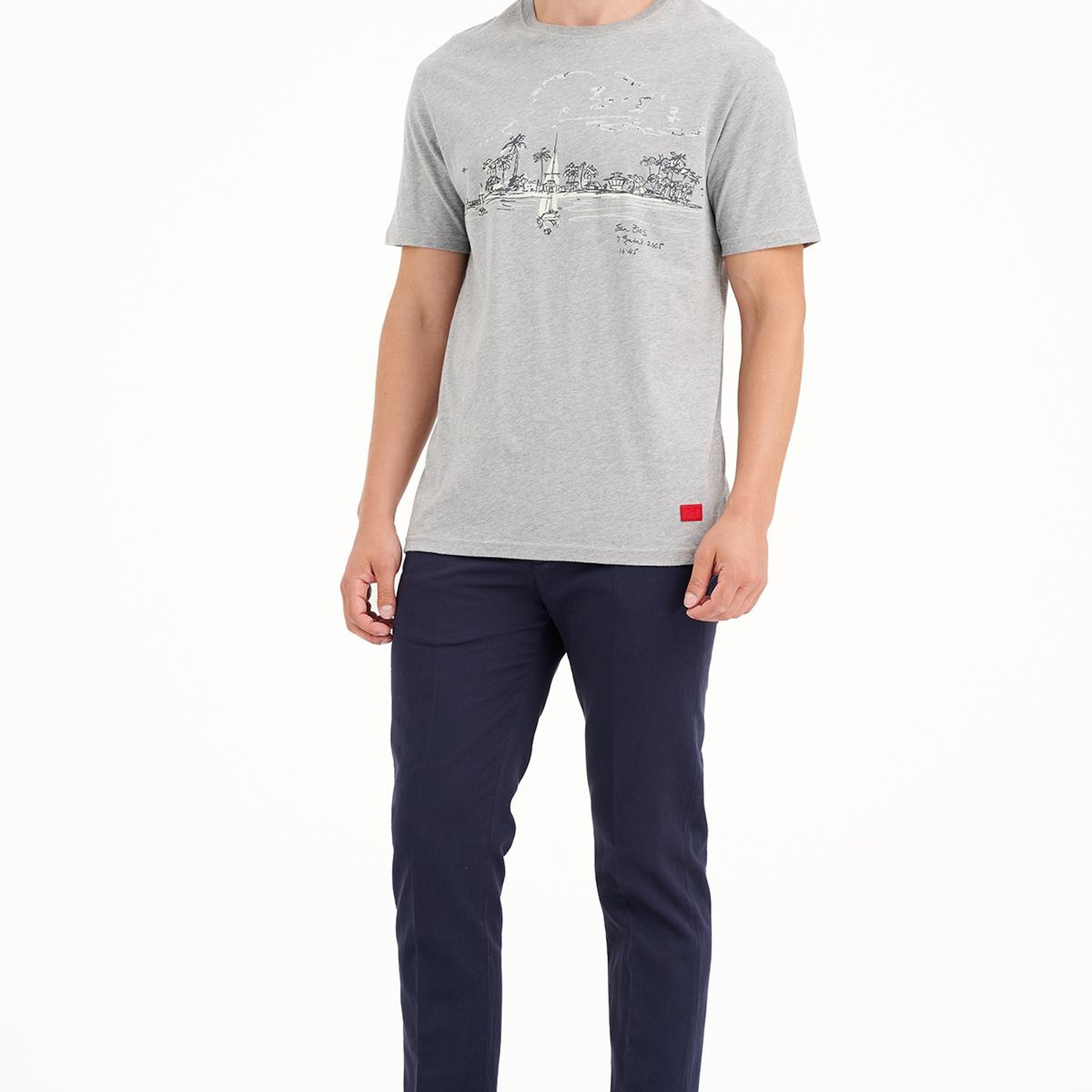 Erkek Gri St Blas Baskılı Bisiklet Yaka  T-Shirt