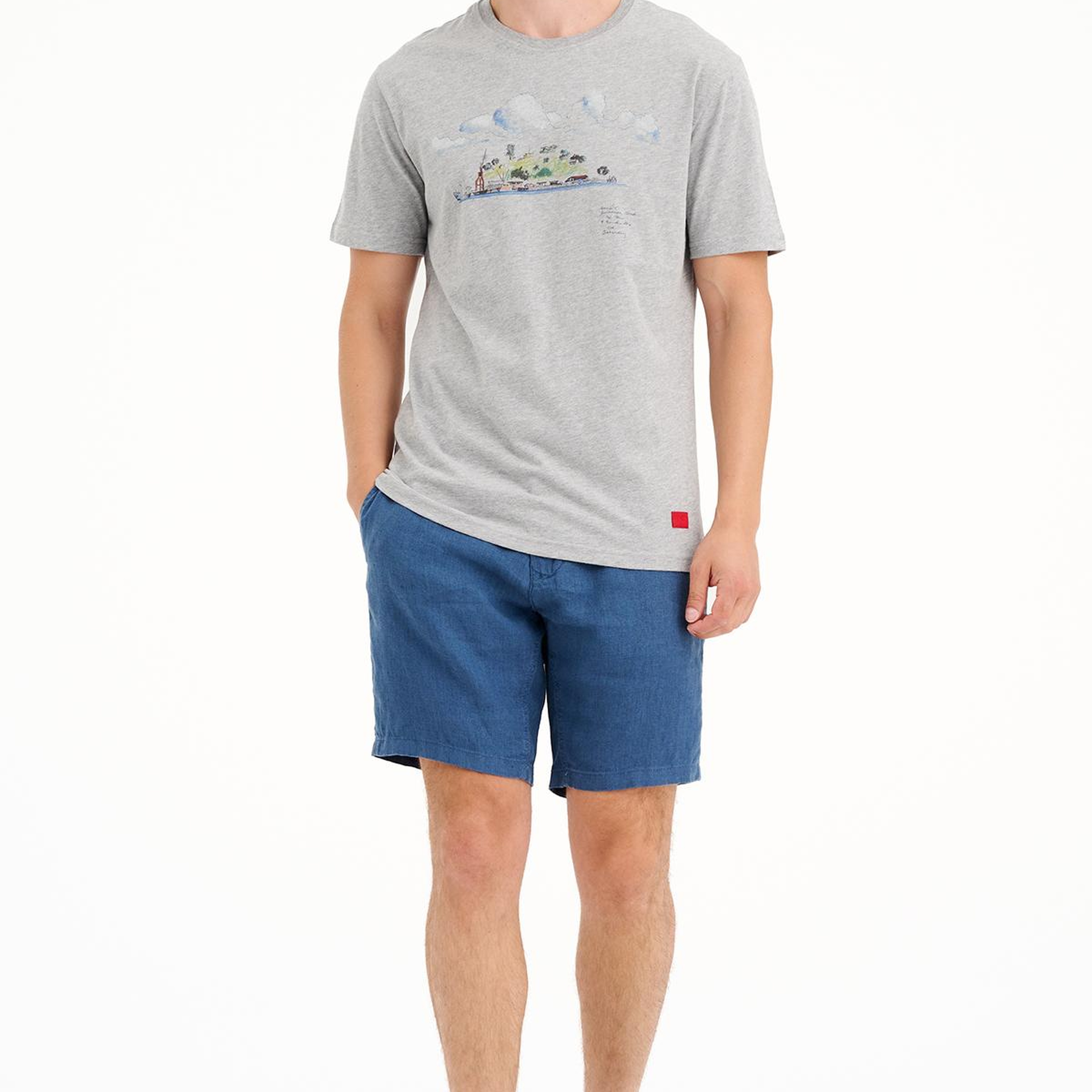 Erkek Gri Ada Baskılı Bisiklet Yaka T-Shirt