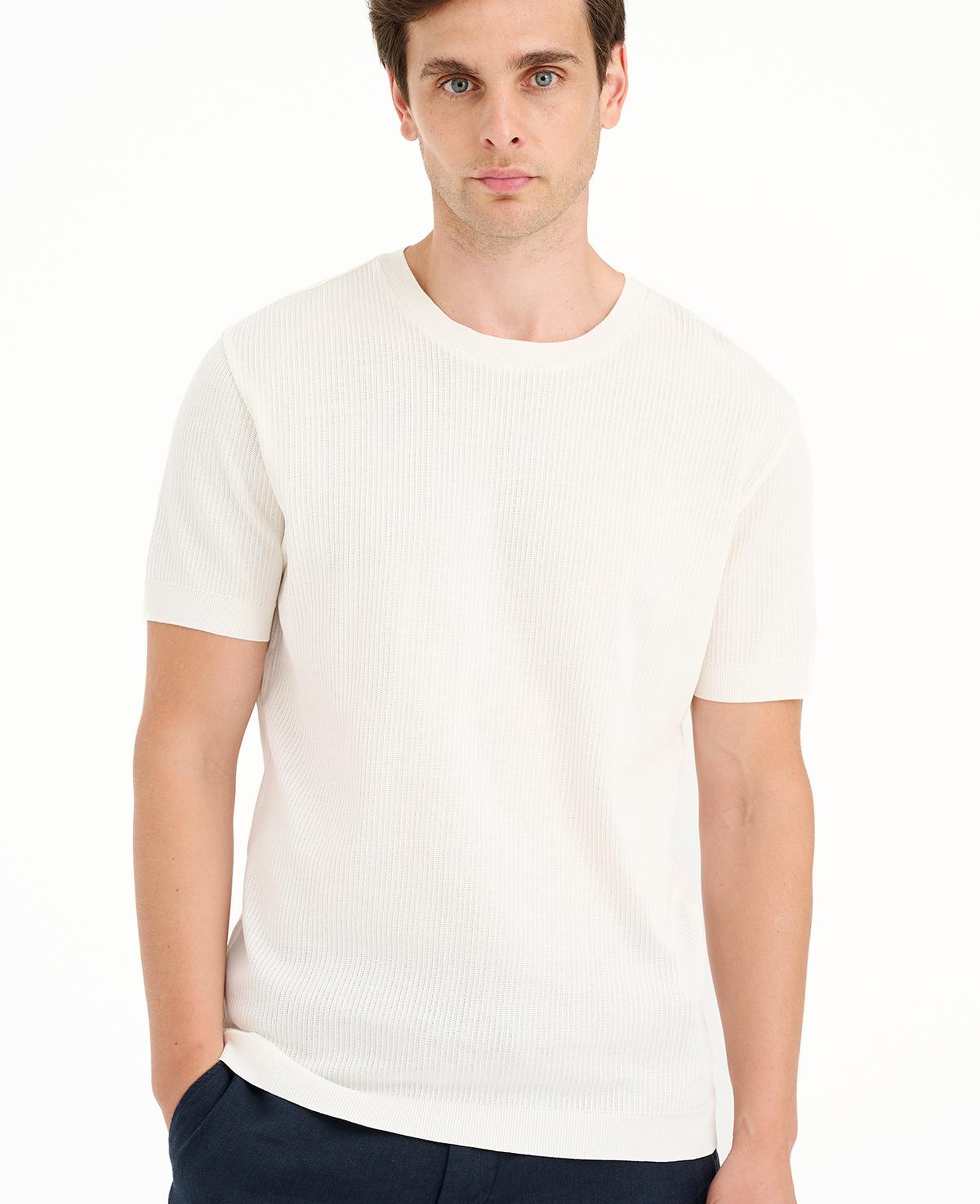 Erkek Ekru Bisiklet Yaka Dokulu T-Shirt