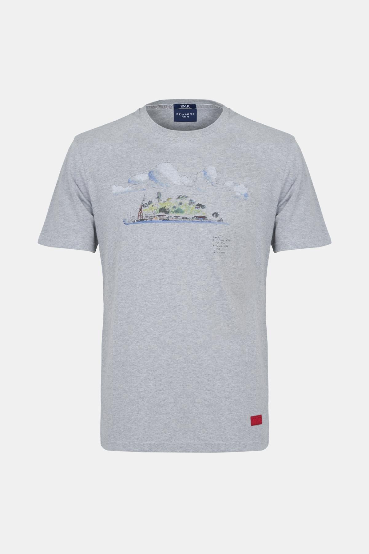 Erkek Gri Ada Baskılı Bisiklet Yaka T-Shirt