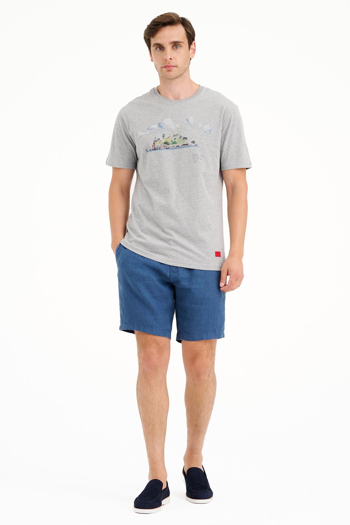 Erkek Gri Ada Baskılı Bisiklet Yaka T-Shirt