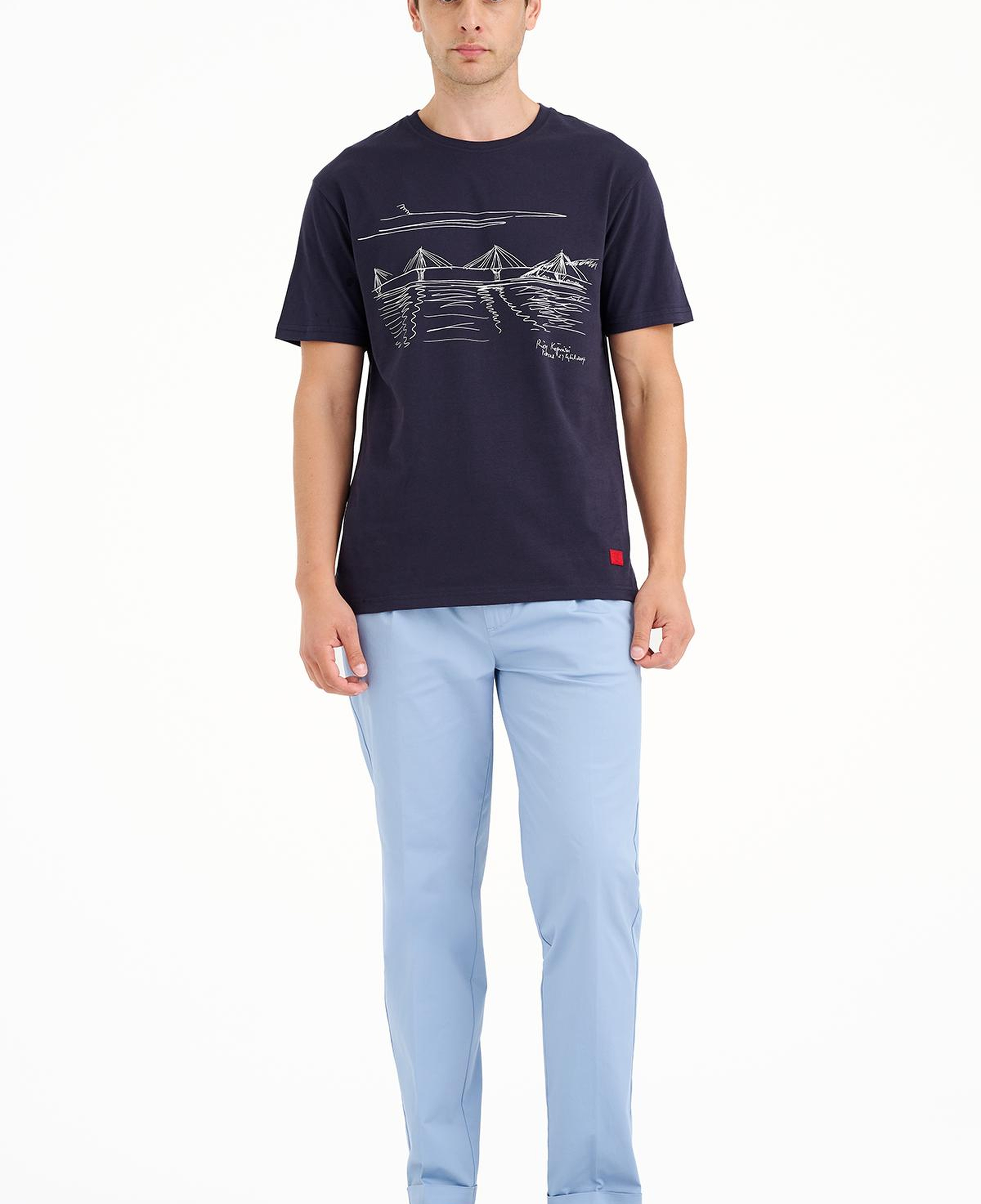 Erkek Lacivert Köprü Baskılı Bisiklet Yaka T-Shirt