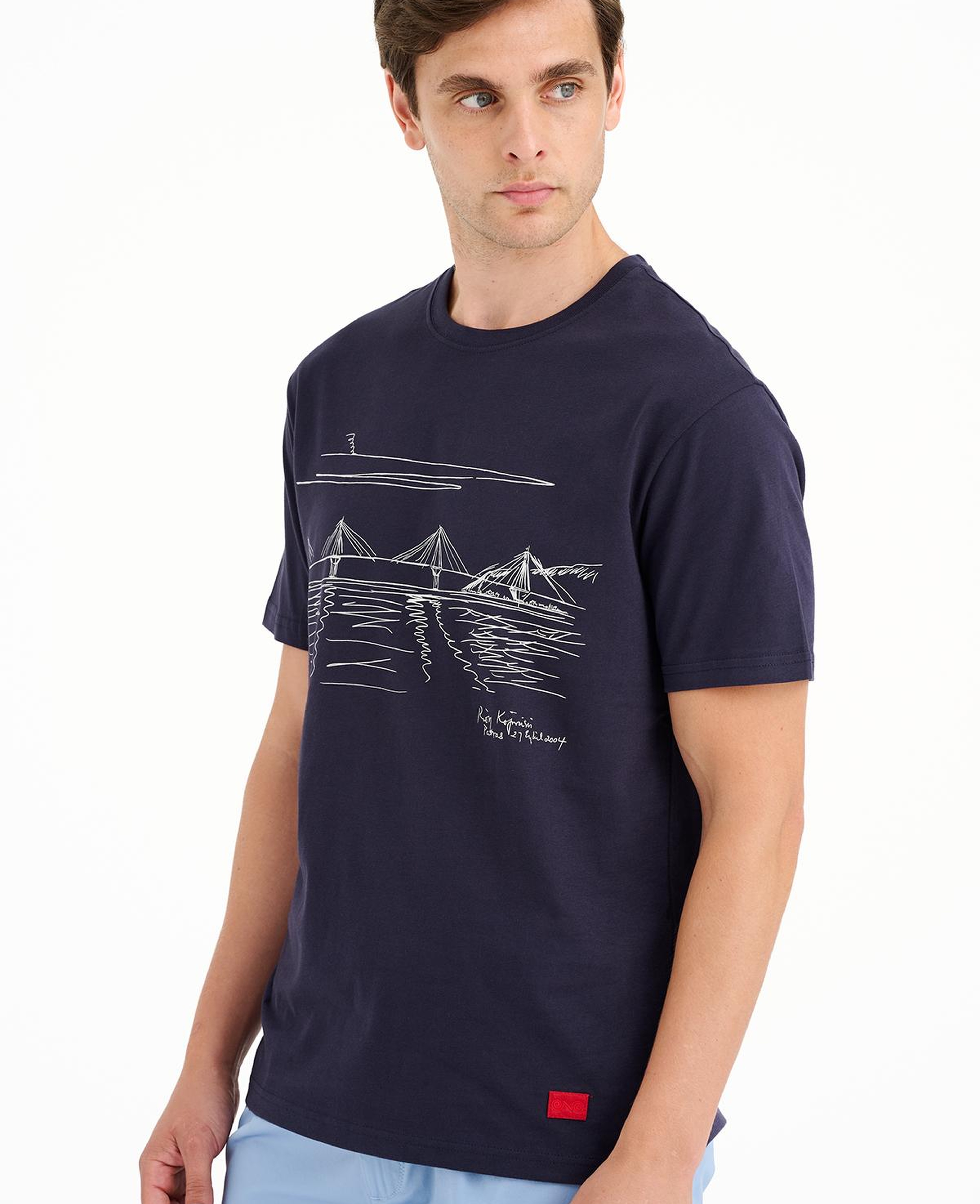 Erkek Lacivert Köprü Baskılı Bisiklet Yaka T-Shirt