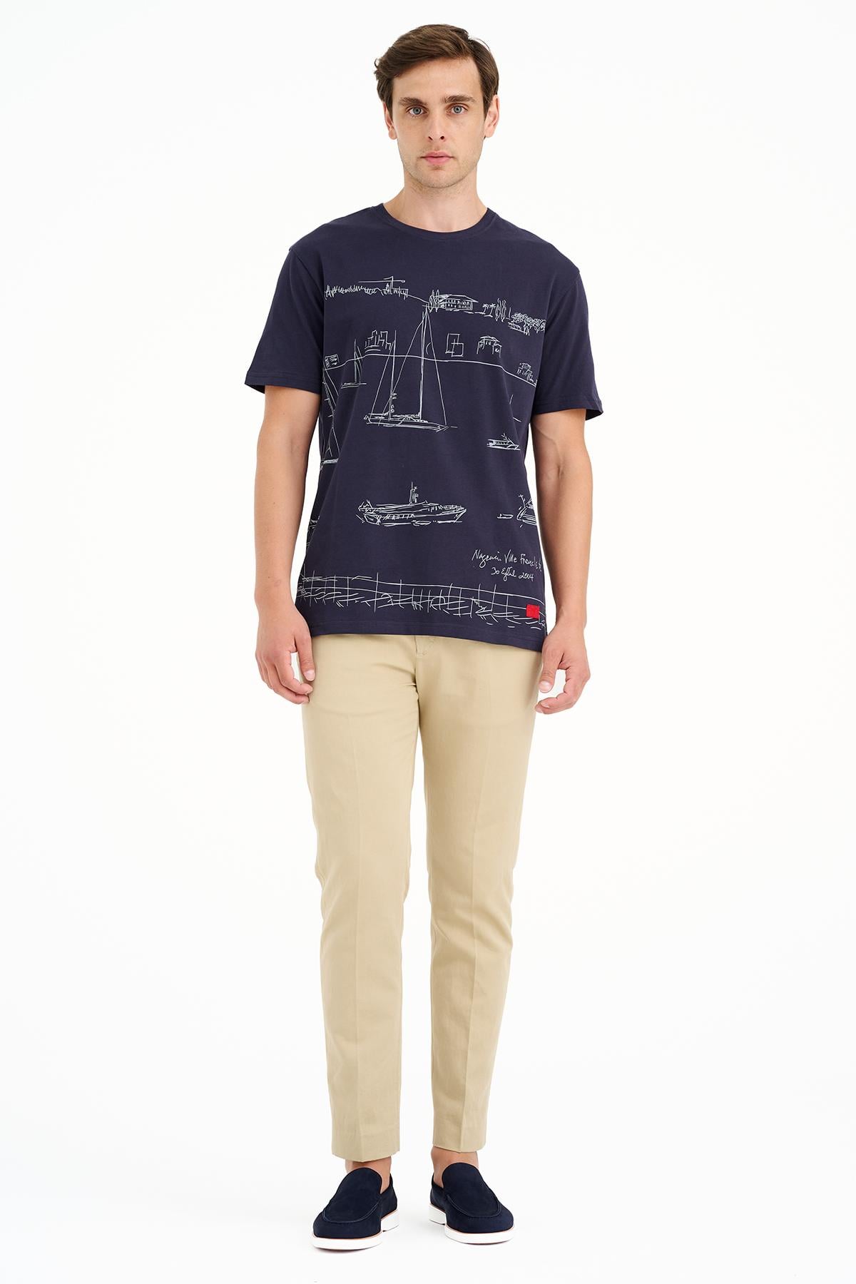 Erkek Lacivert Liman Baskılı Bisiklet Yaka T-Shirt