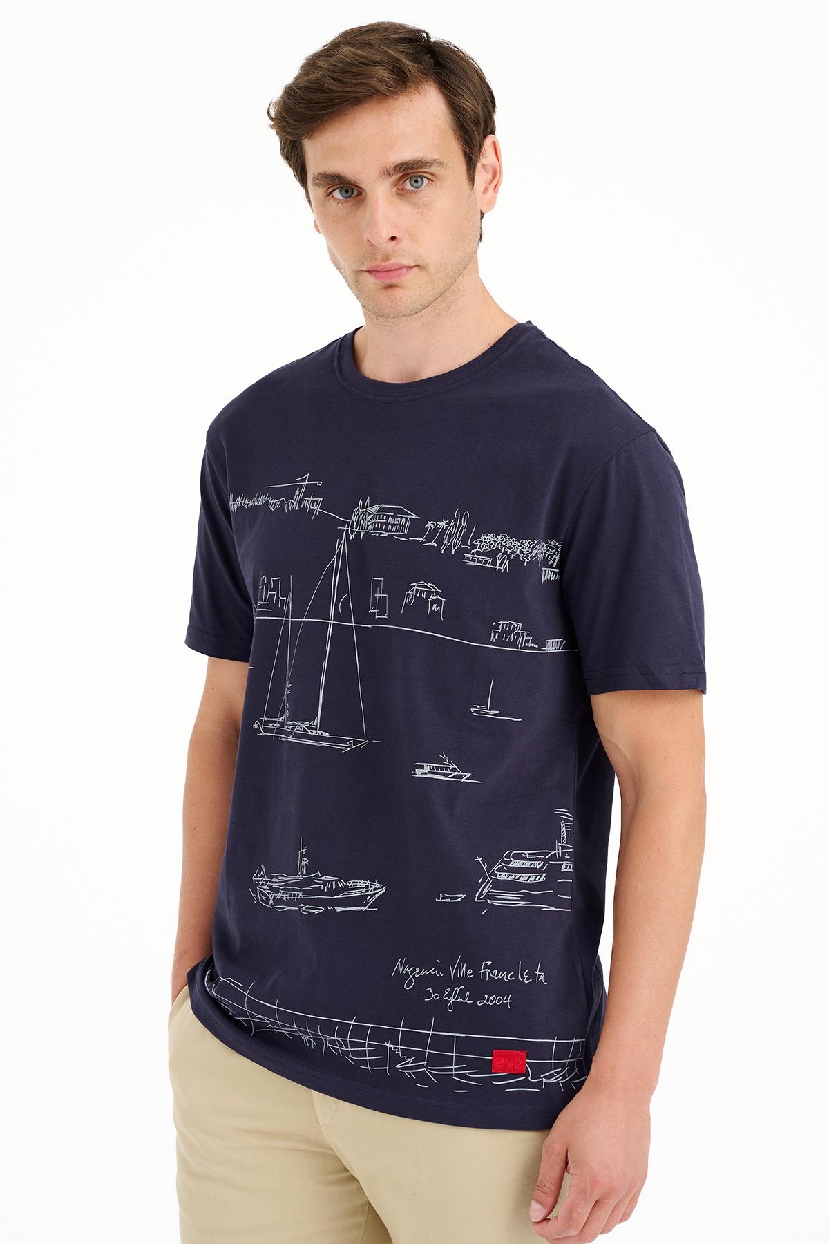 Erkek Lacivert Liman Baskılı Bisiklet Yaka T-Shirt