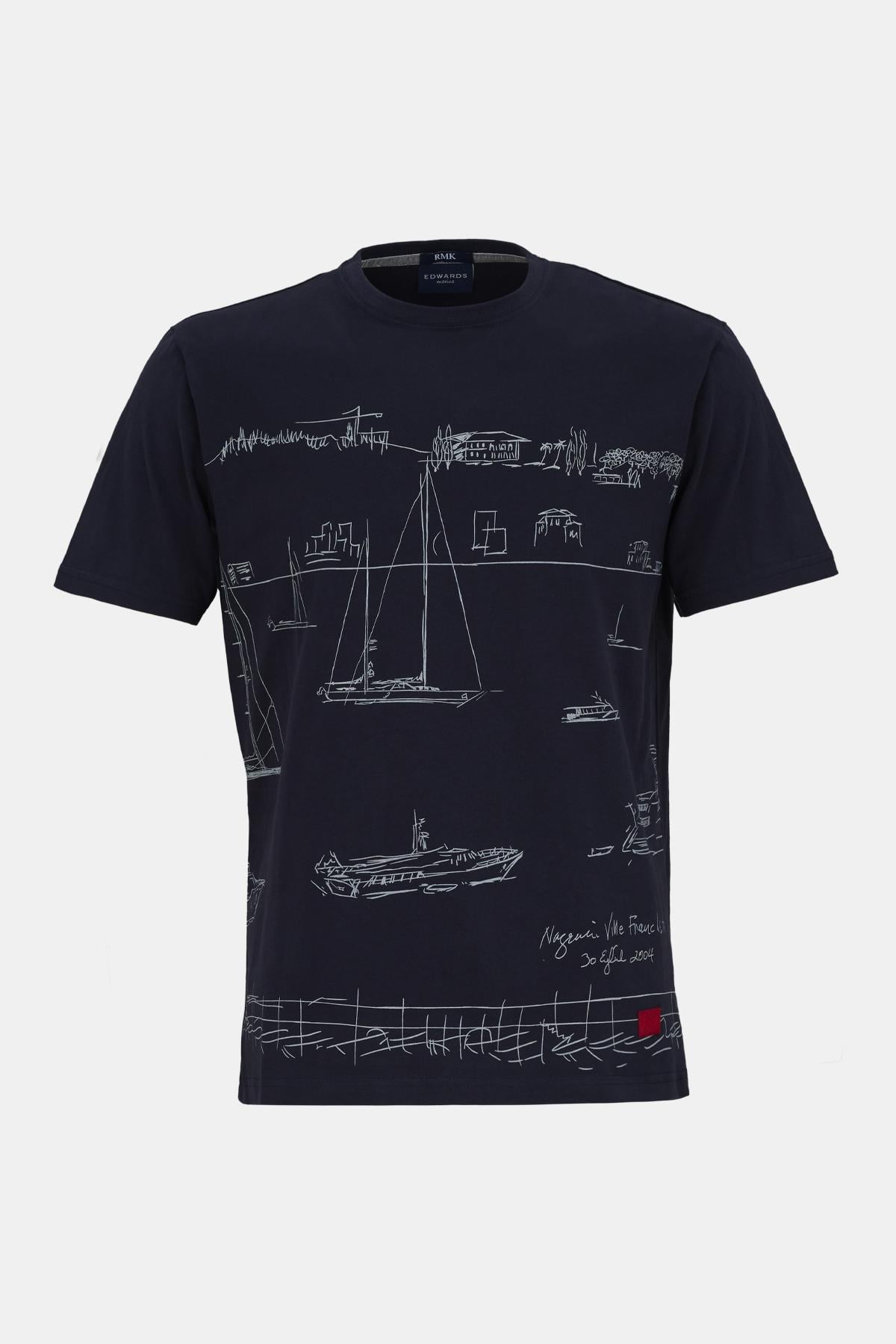 Erkek Lacivert Liman Baskılı Bisiklet Yaka T-Shirt