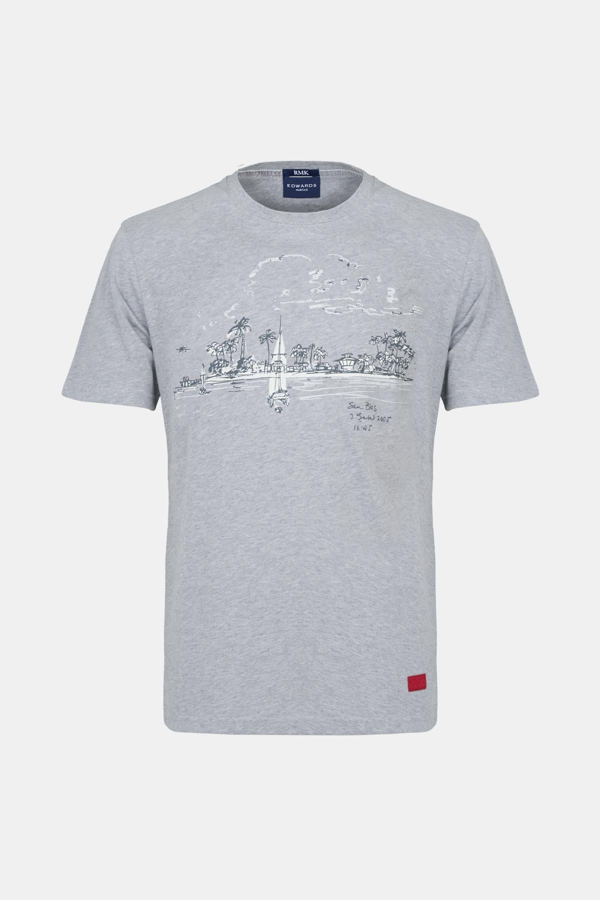 Erkek Gri St Blas Baskılı Bisiklet Yaka T-Shirt
