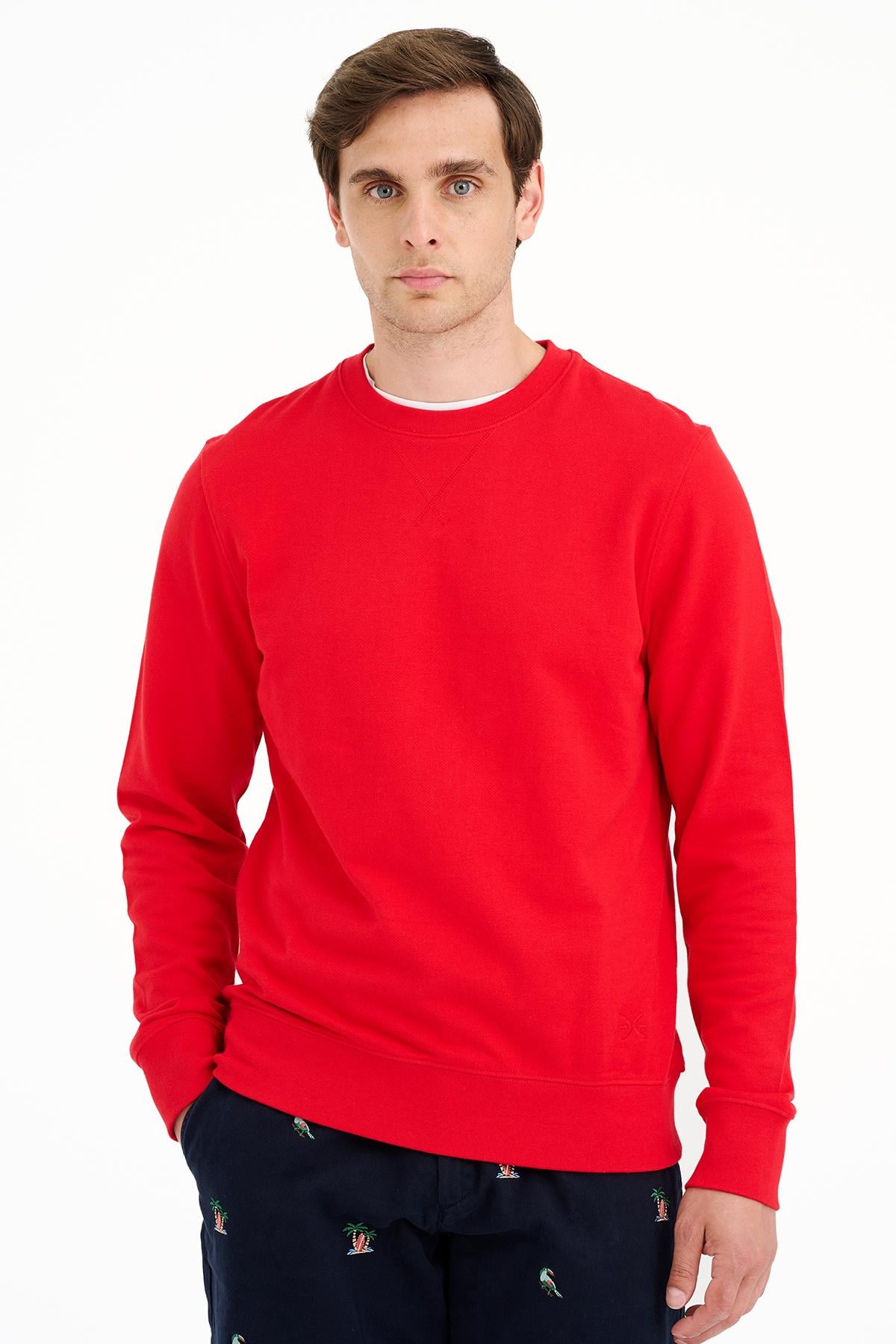 Erkek Kırmızı Bisiklet Yaka Basic Sweatshirt