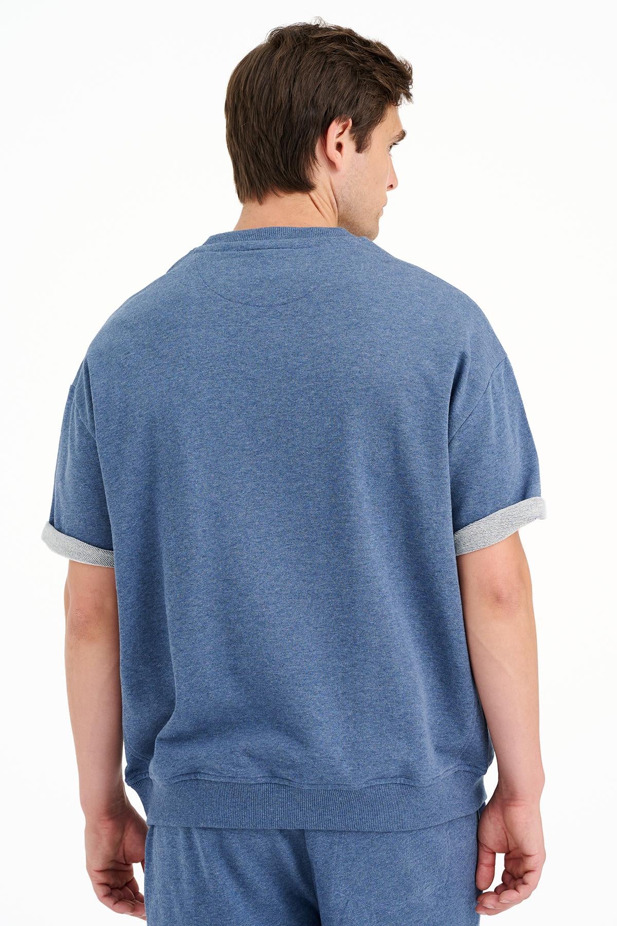 Erkek İndigo Örme Kısa Kollu Sweatshirt