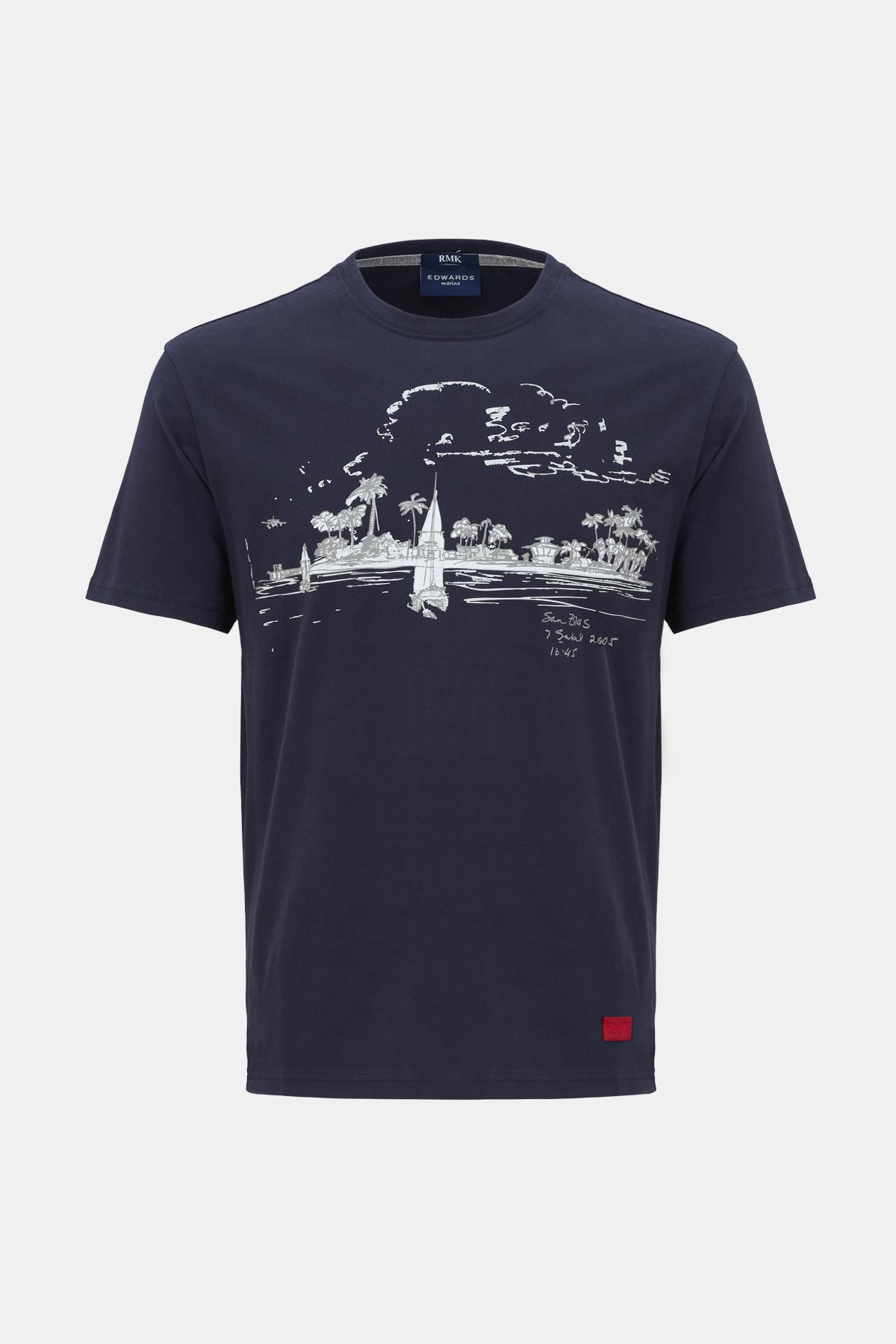 Erkek Lacivert St Blas Baskılı Bisiklet Yaka T-Shirt